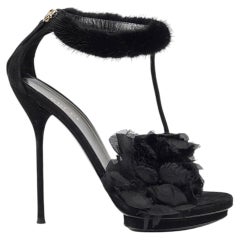 Gucci by Tom Ford FW 2004 Black Suede Leather Silk Floral Mink Fur Heels Size 37