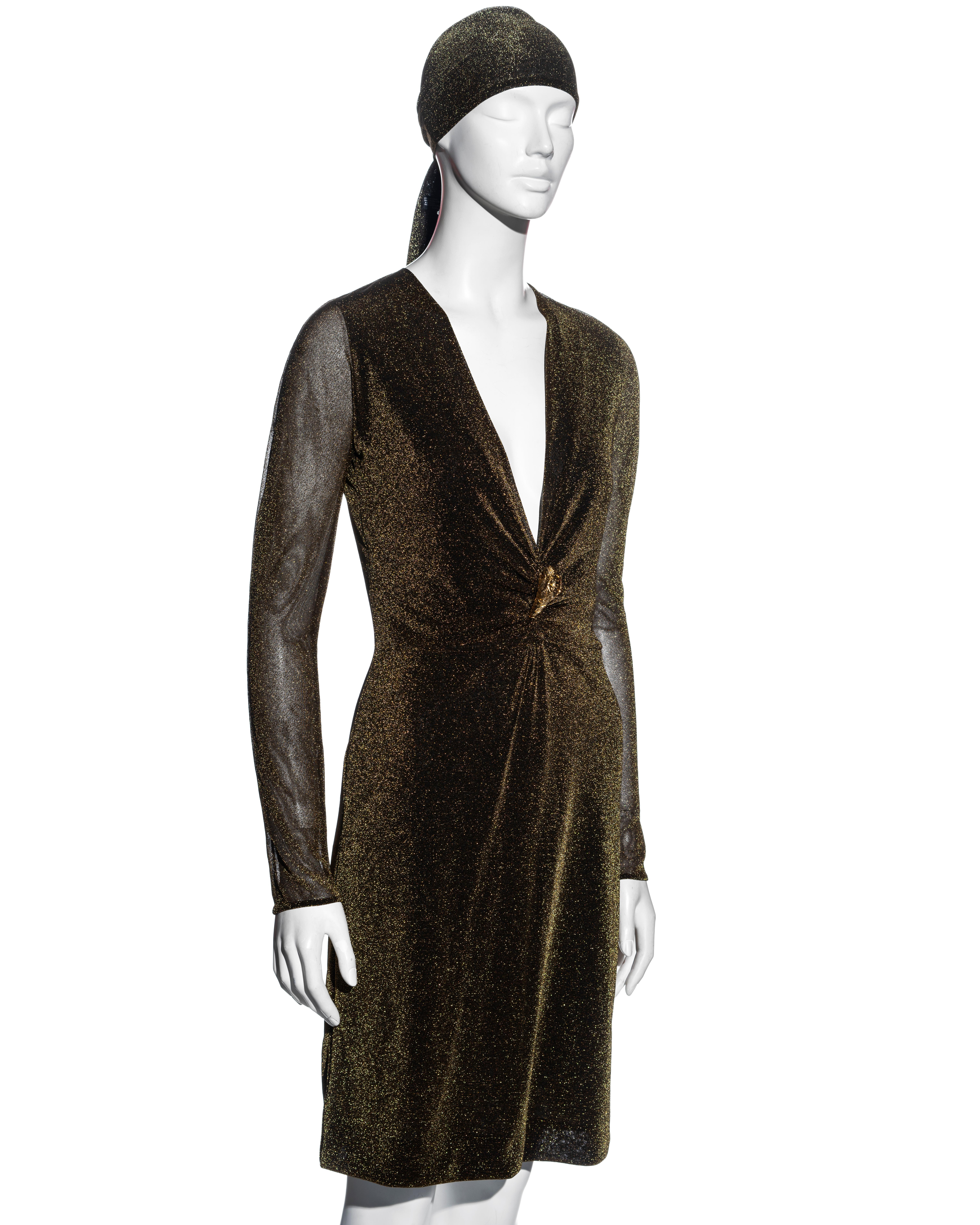 Women's Gucci by Tom Ford gold lurex evening shift dress and headscarf set, fw 2000