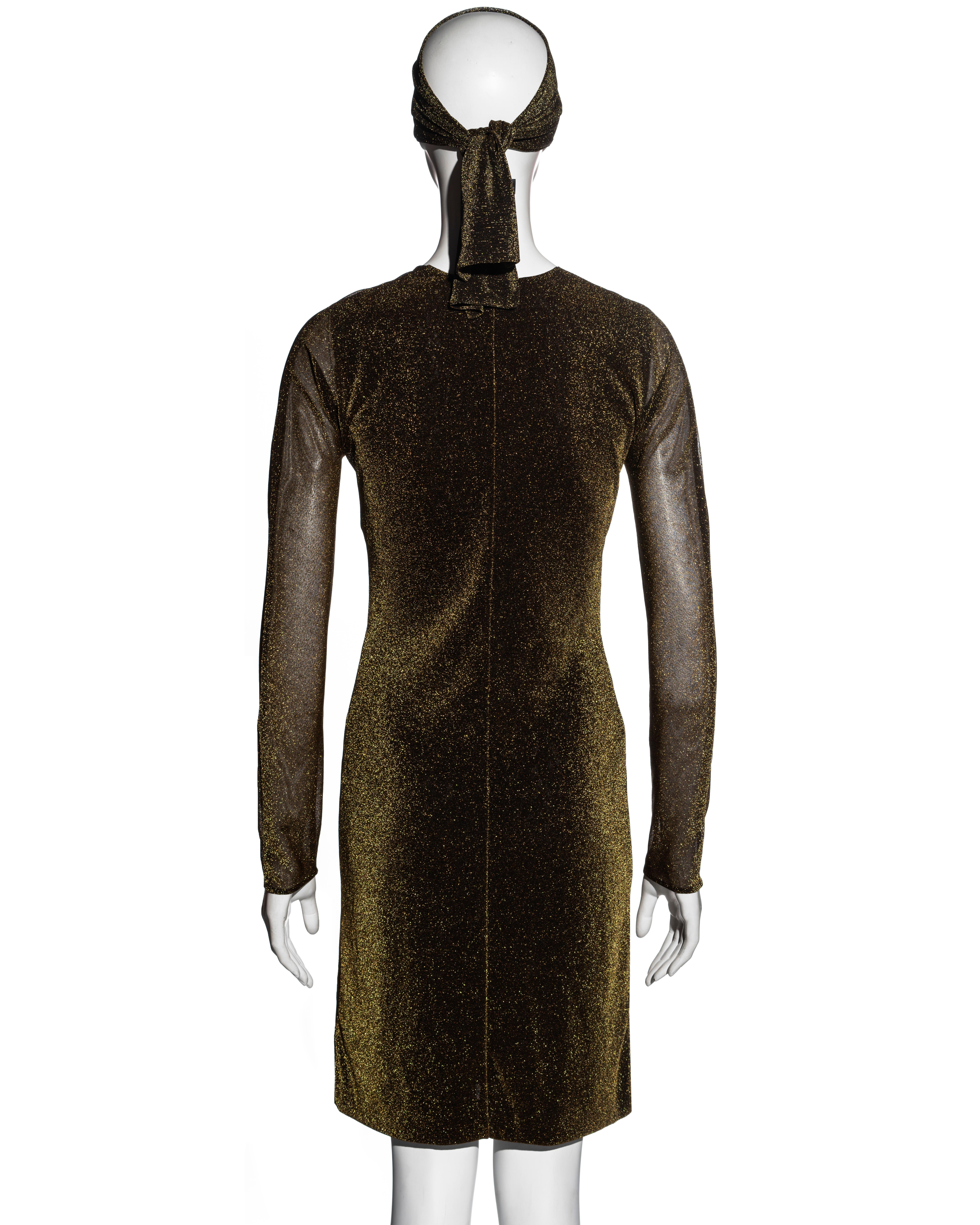 Gucci by Tom Ford gold lurex evening shift dress and headscarf set, fw 2000 2