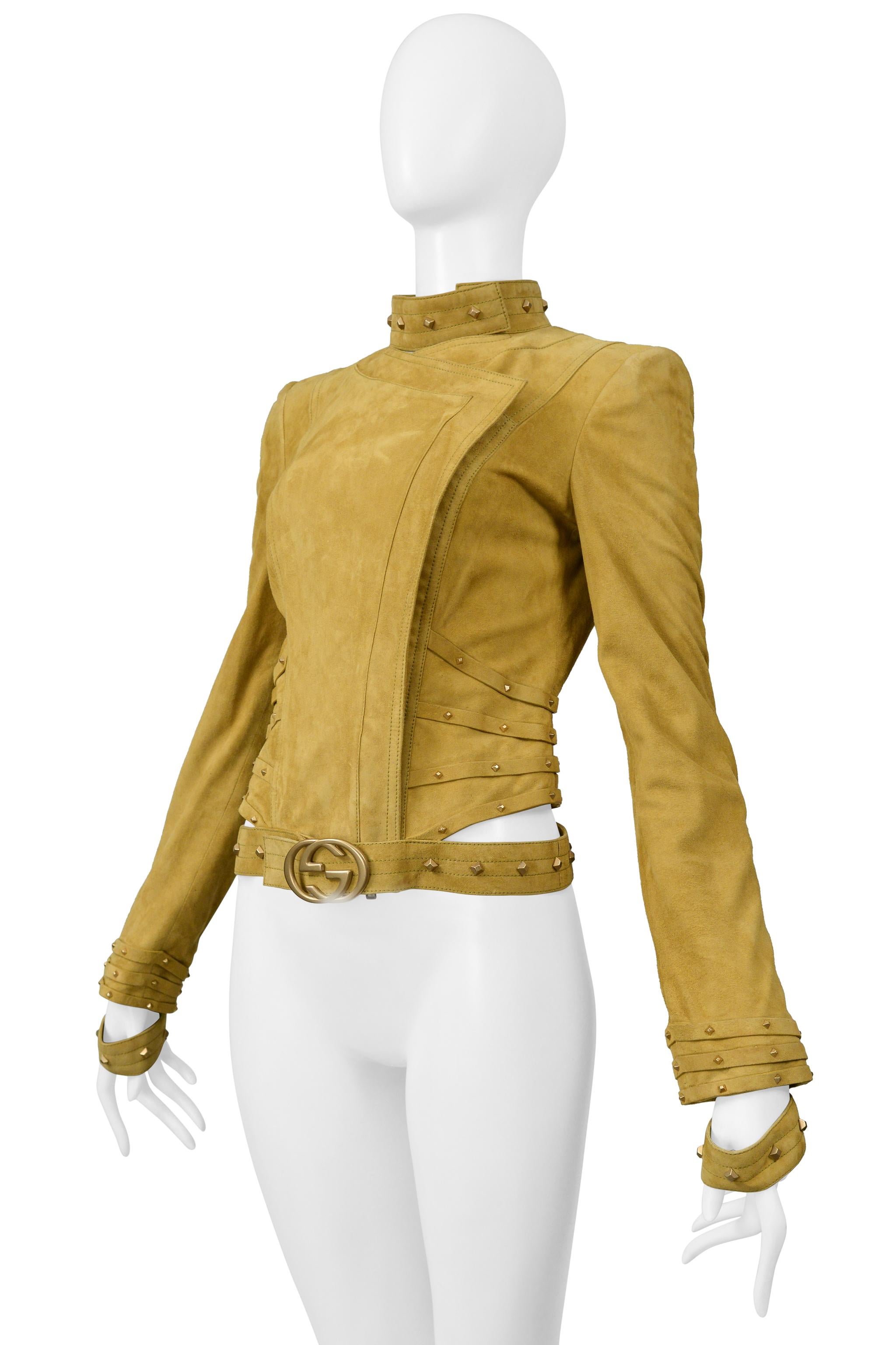 Gucci by Tom Ford Gold Suede Moto Jacket with Cut Outs & Studs In Excellent Condition For Sale In Los Angeles, CA