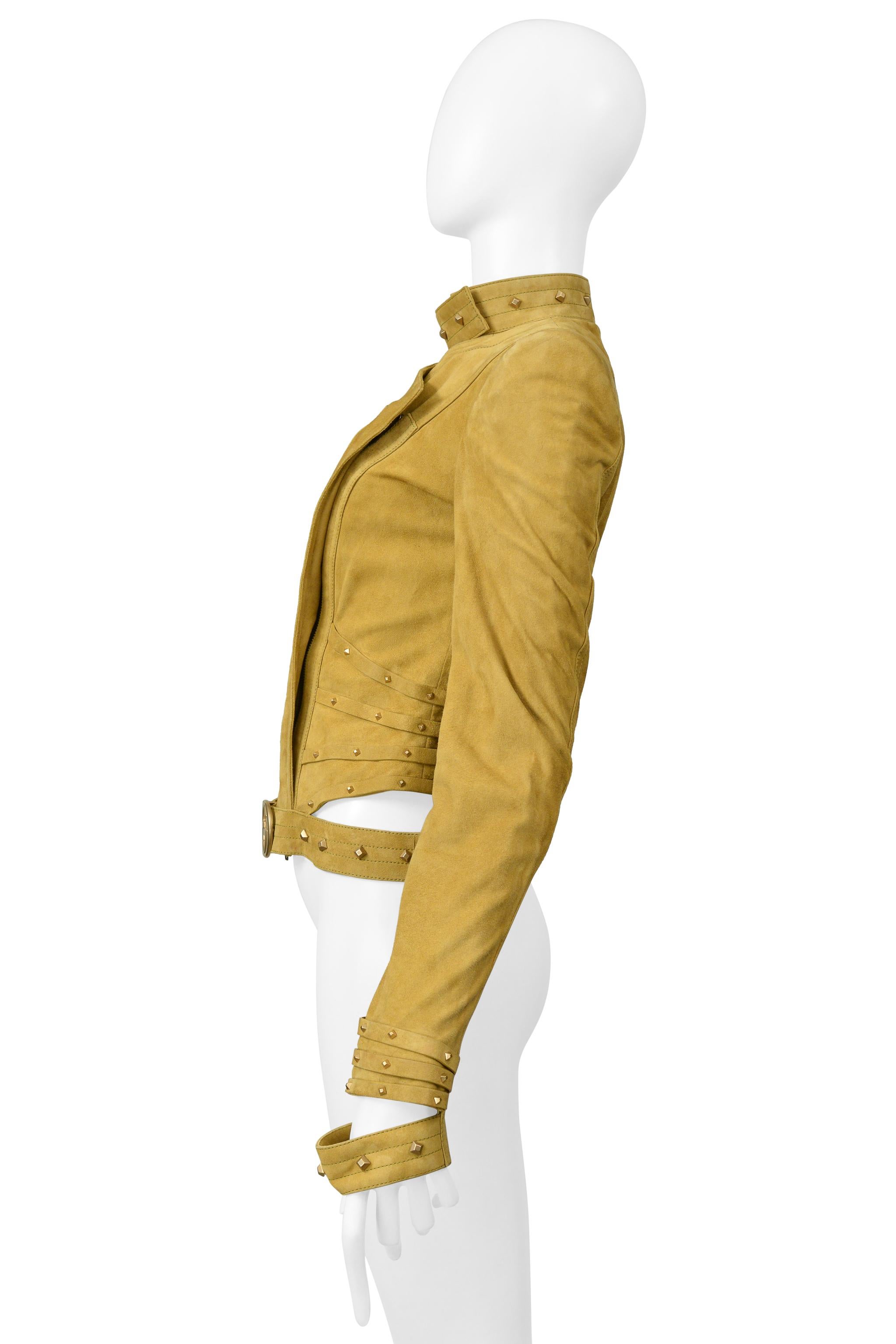 Gucci by Tom Ford Gold Suede Moto Jacket with Cut Outs & Studs For Sale 1