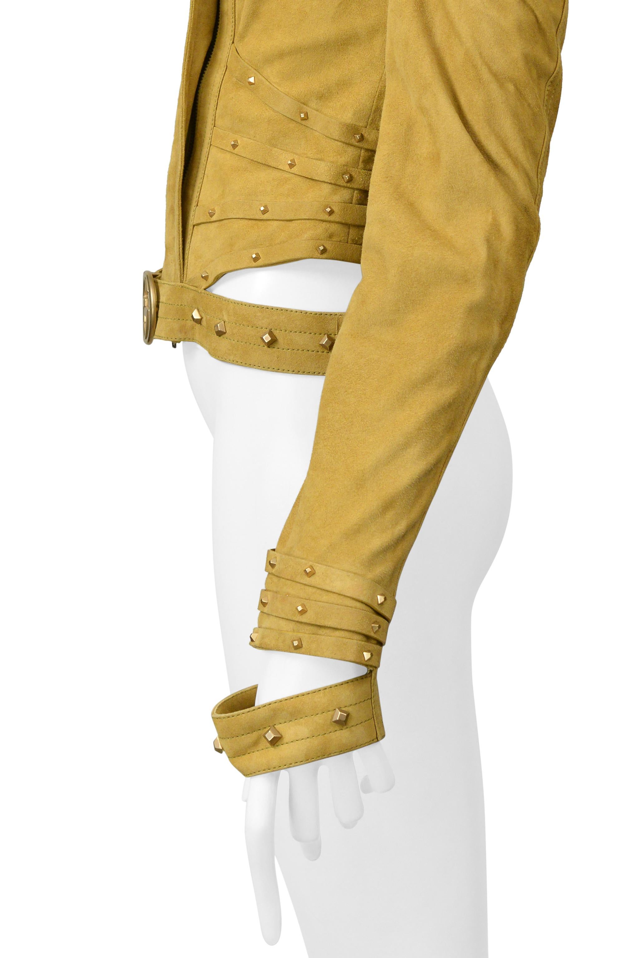 Gucci by Tom Ford Gold Suede Moto Jacket with Cut Outs & Studs For Sale 2