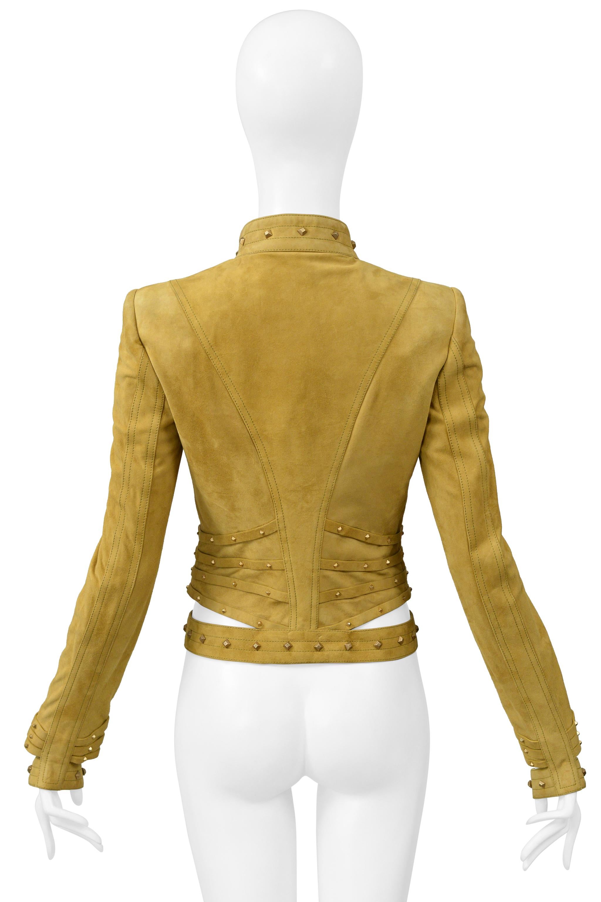 Gucci by Tom Ford Gold Suede Moto Jacket with Cut Outs & Studs For Sale 3