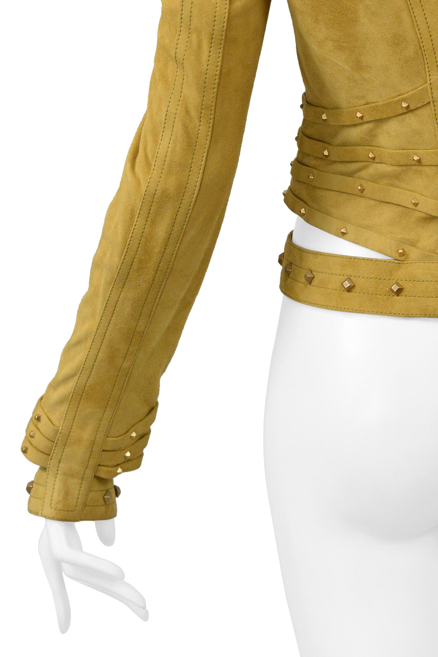 Gucci by Tom Ford Gold Suede Moto Jacket with Cut Outs & Studs For Sale 4