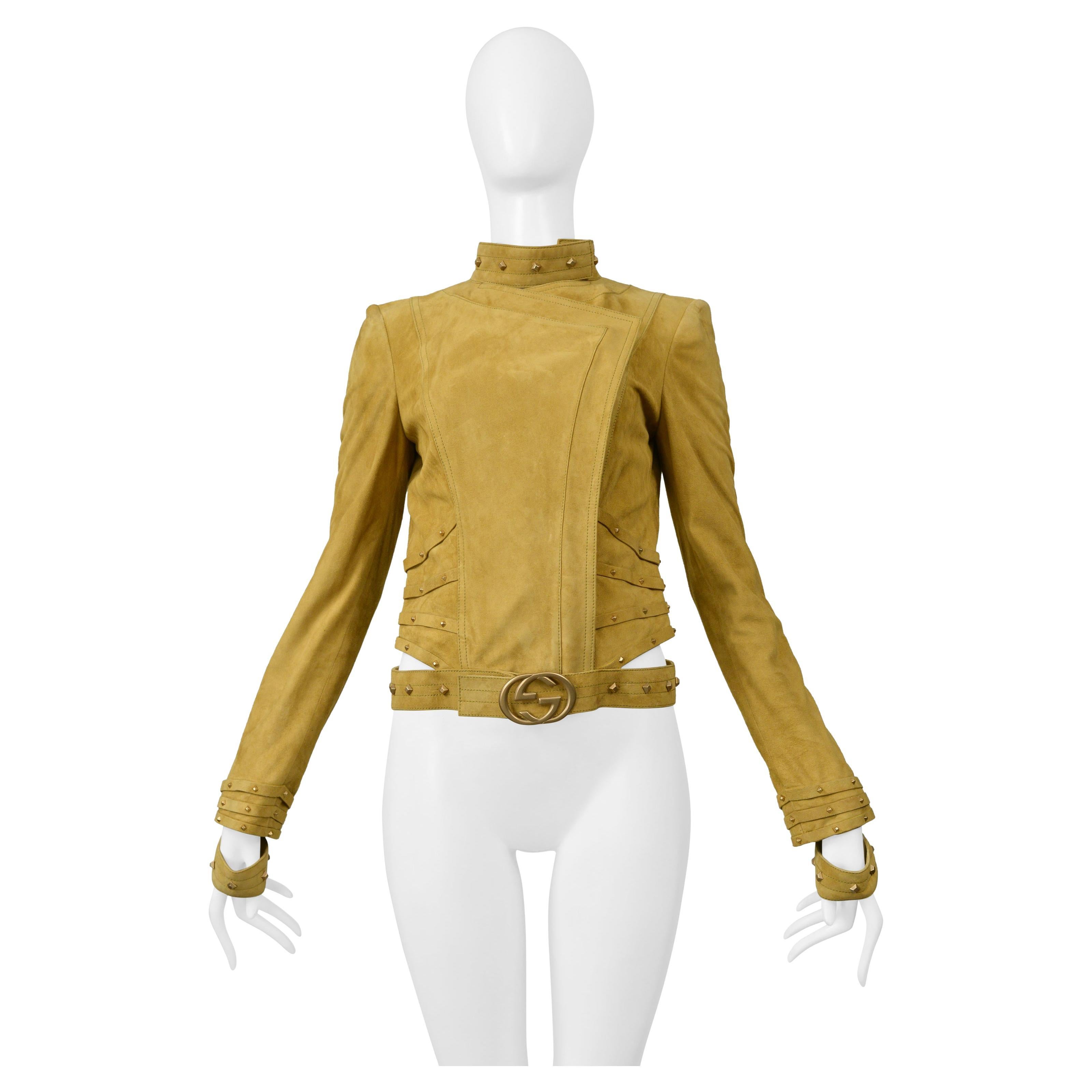 Gucci by Tom Ford Gold Suede Moto Jacket with Cut Outs & Studs For Sale