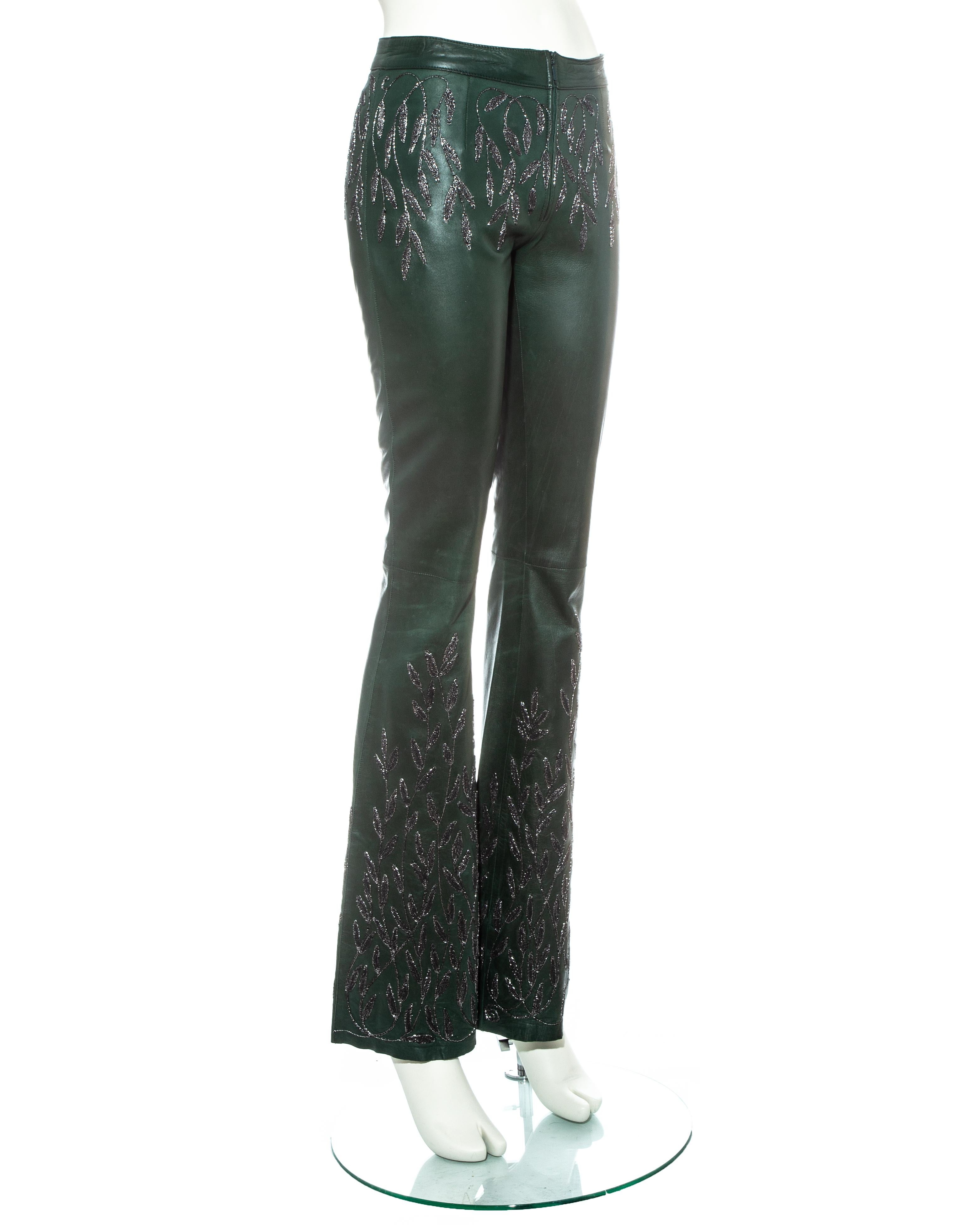 green leather flare pants