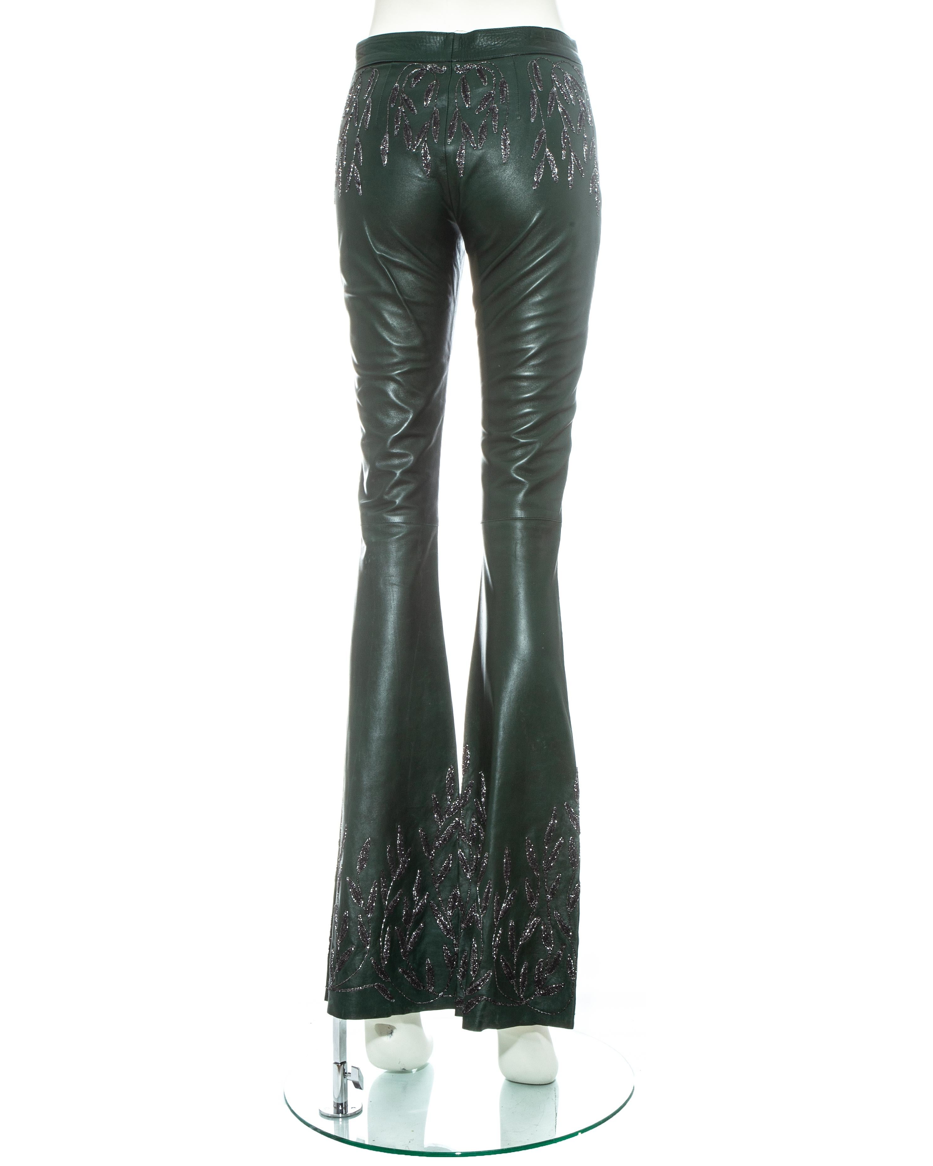 Black Gucci by Tom Ford green embroidered leather flared pants, fw 1999
