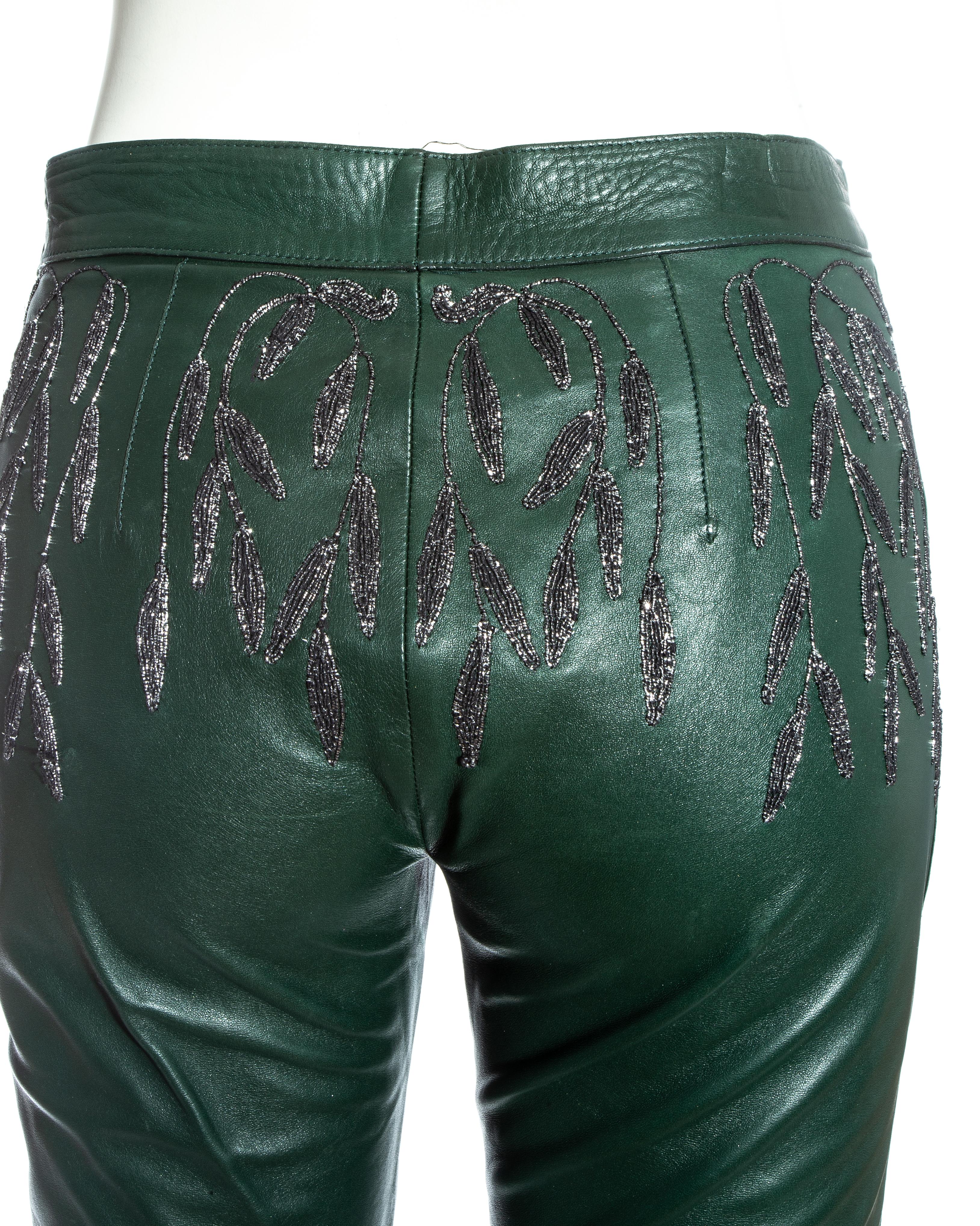Gucci by Tom Ford green embroidered leather flared pants, fw 1999 In Good Condition In London, GB
