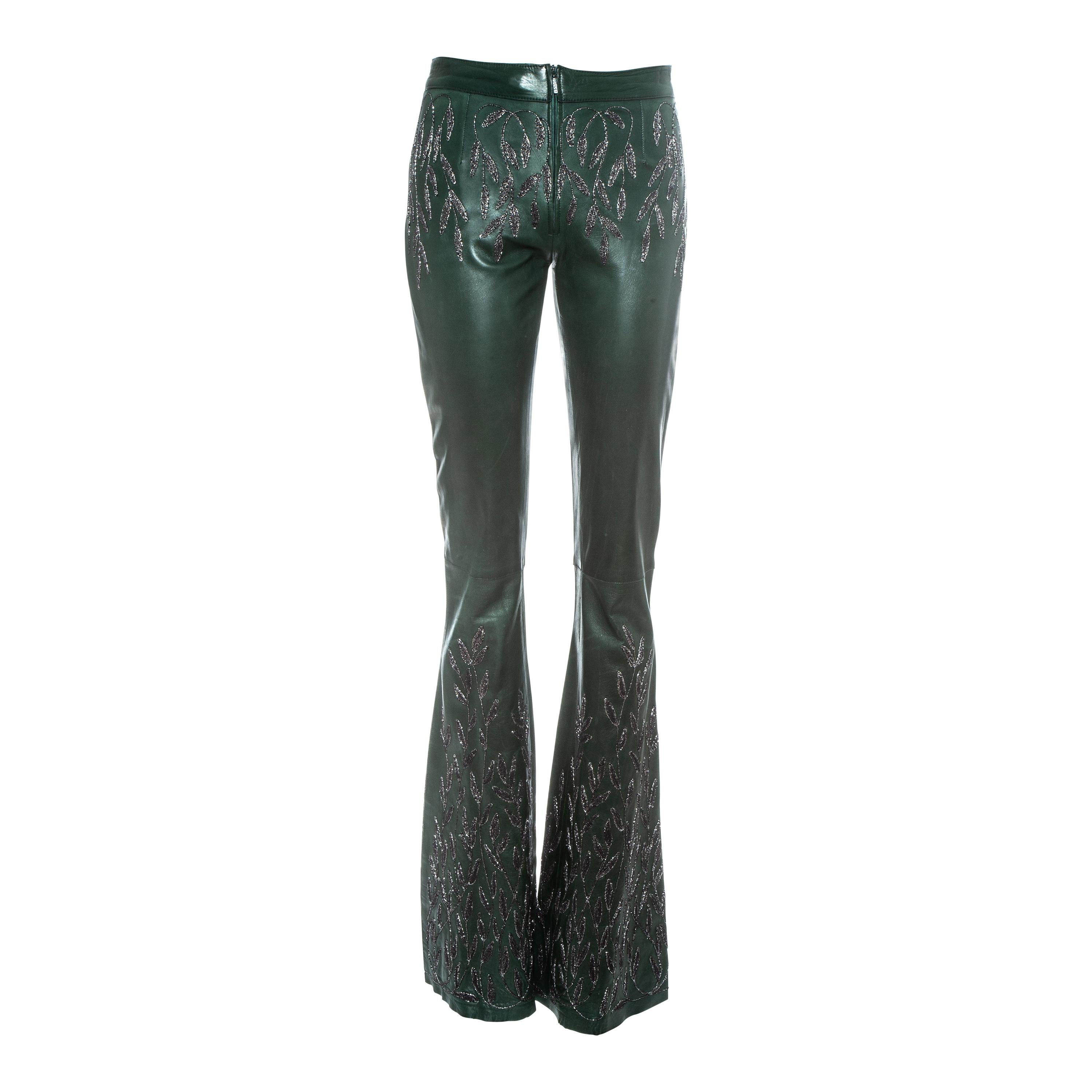 Gucci by Tom Ford green embroidered leather flared pants, fw 1999