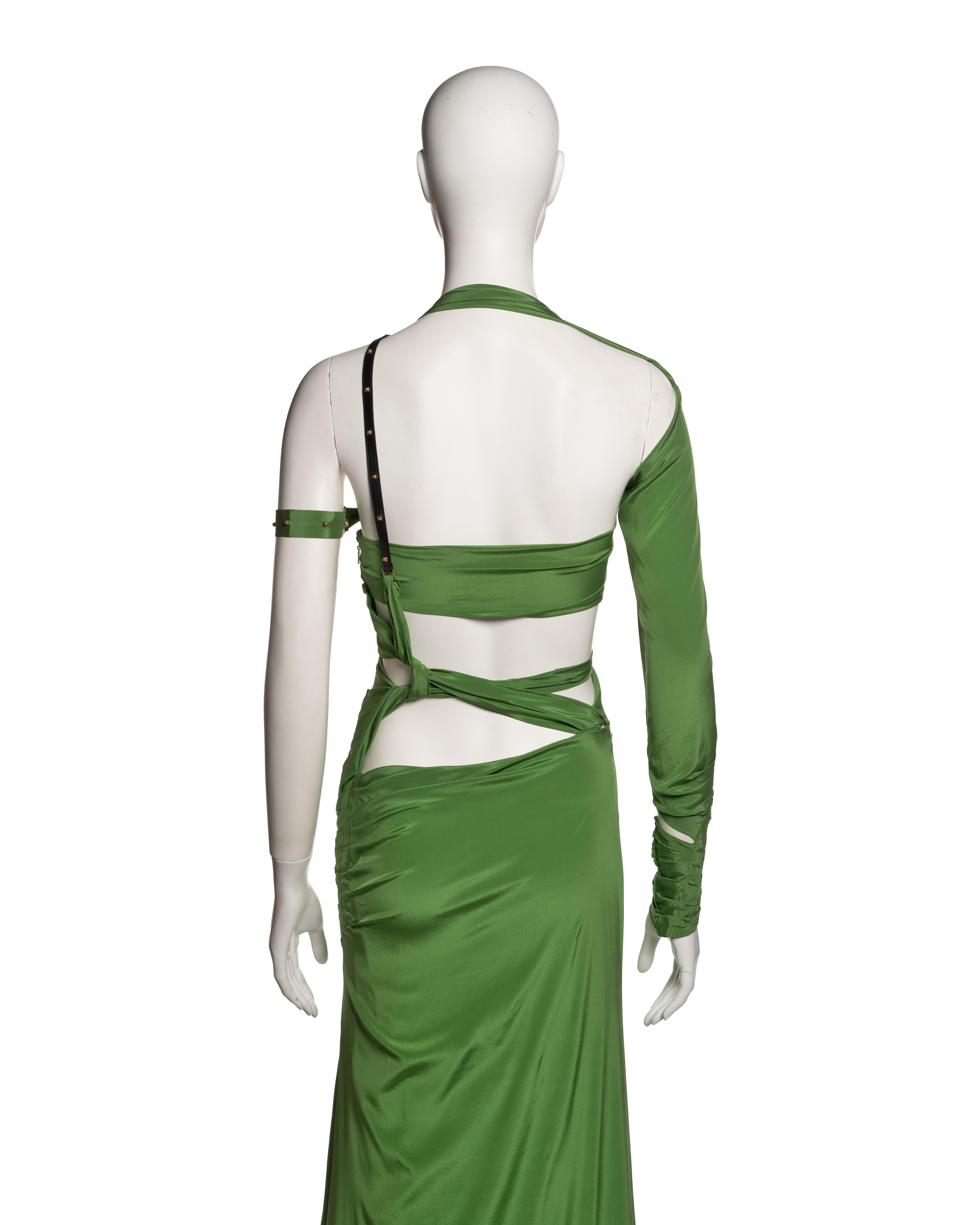 Gucci by Tom Ford Green Silk Cut-Out Dress with Leather Strap Detail, FW 2003 5