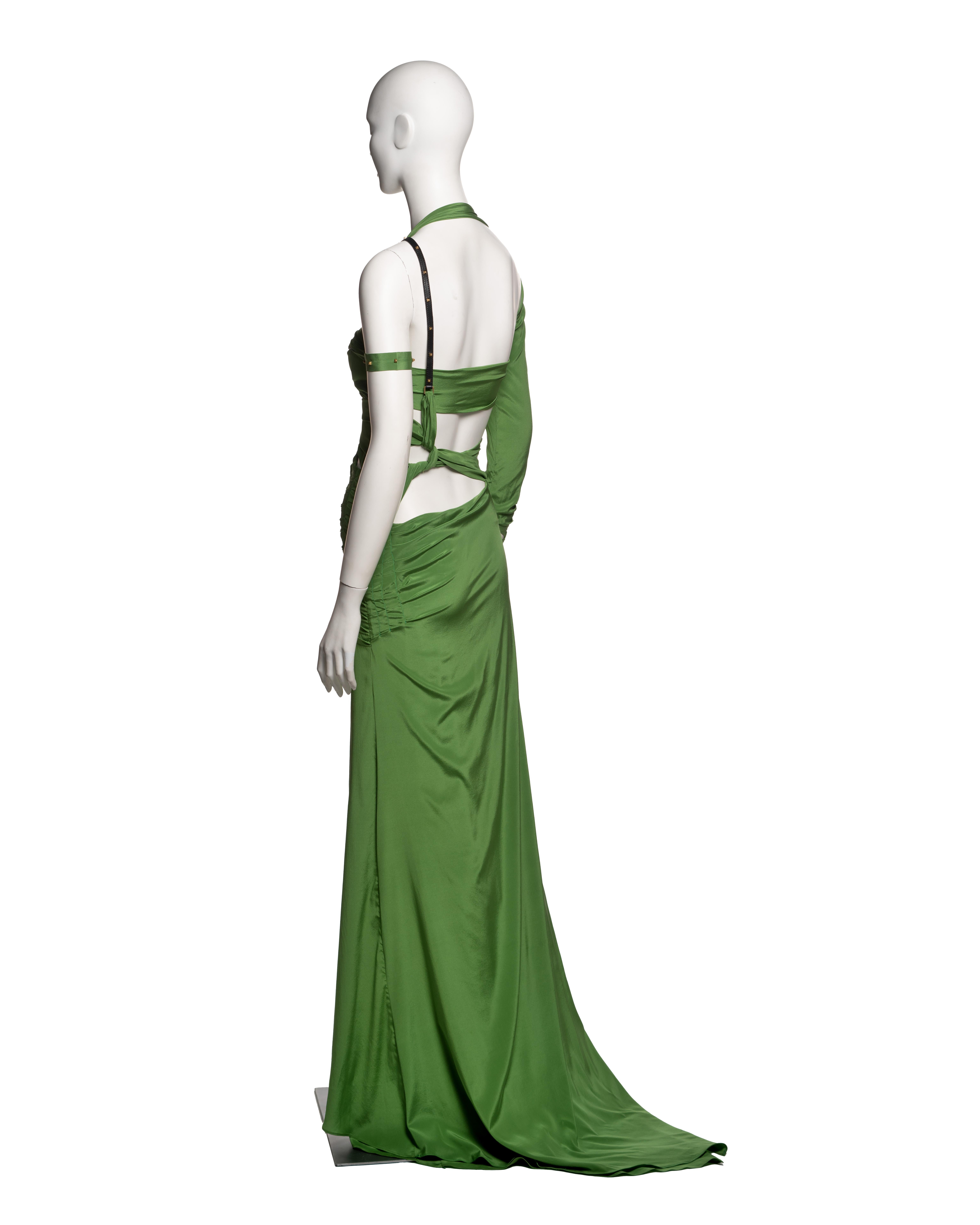 Gucci by Tom Ford Green Silk Cut-Out Dress with Leather Strap Detail, FW 2003 6