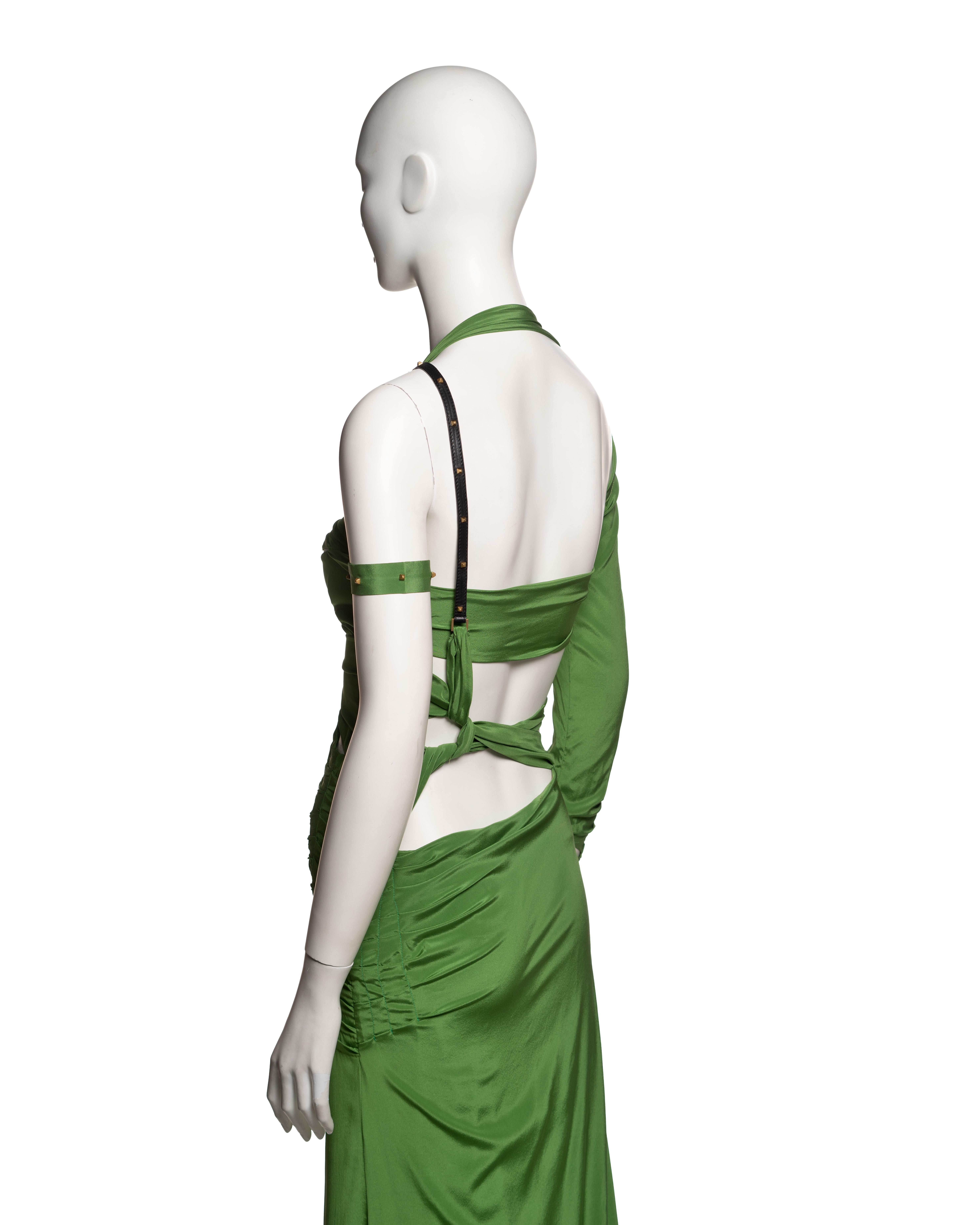 Gucci by Tom Ford Green Silk Cut-Out Dress with Leather Strap Detail, FW 2003 7