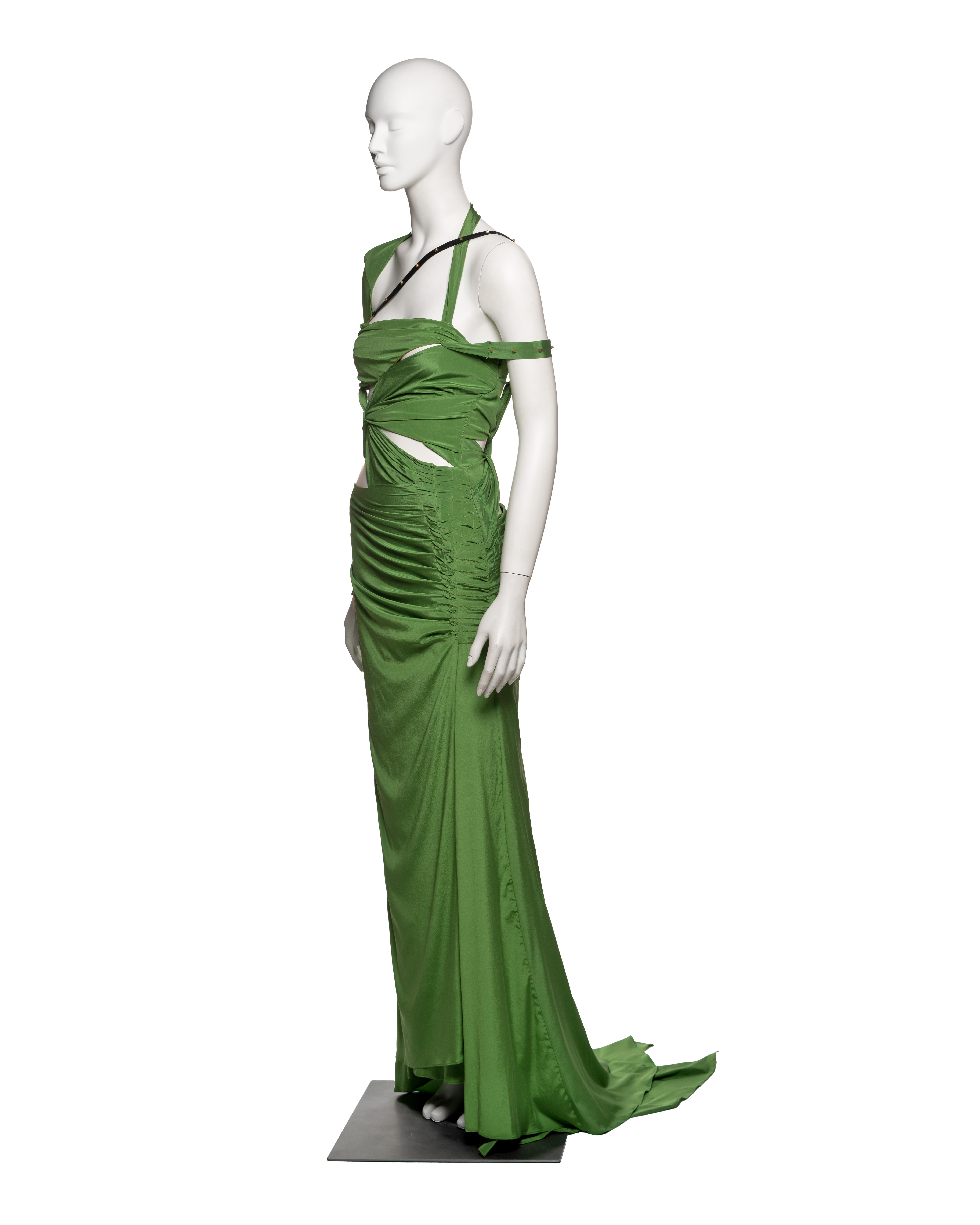 Gucci by Tom Ford Green Silk Cut-Out Dress with Leather Strap Detail, FW 2003 8