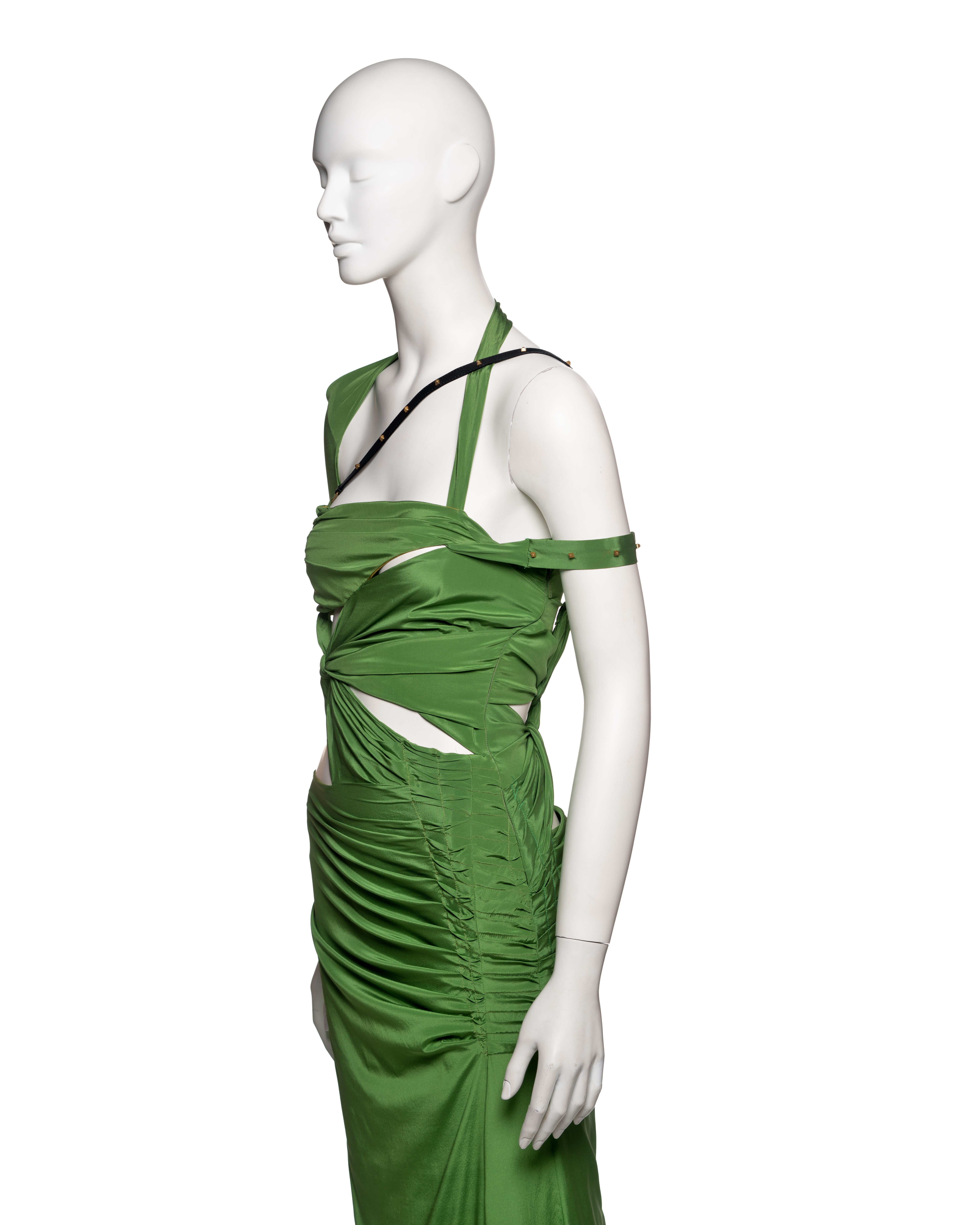 Gucci by Tom Ford Green Silk Cut-Out Dress with Leather Strap Detail, FW 2003 9