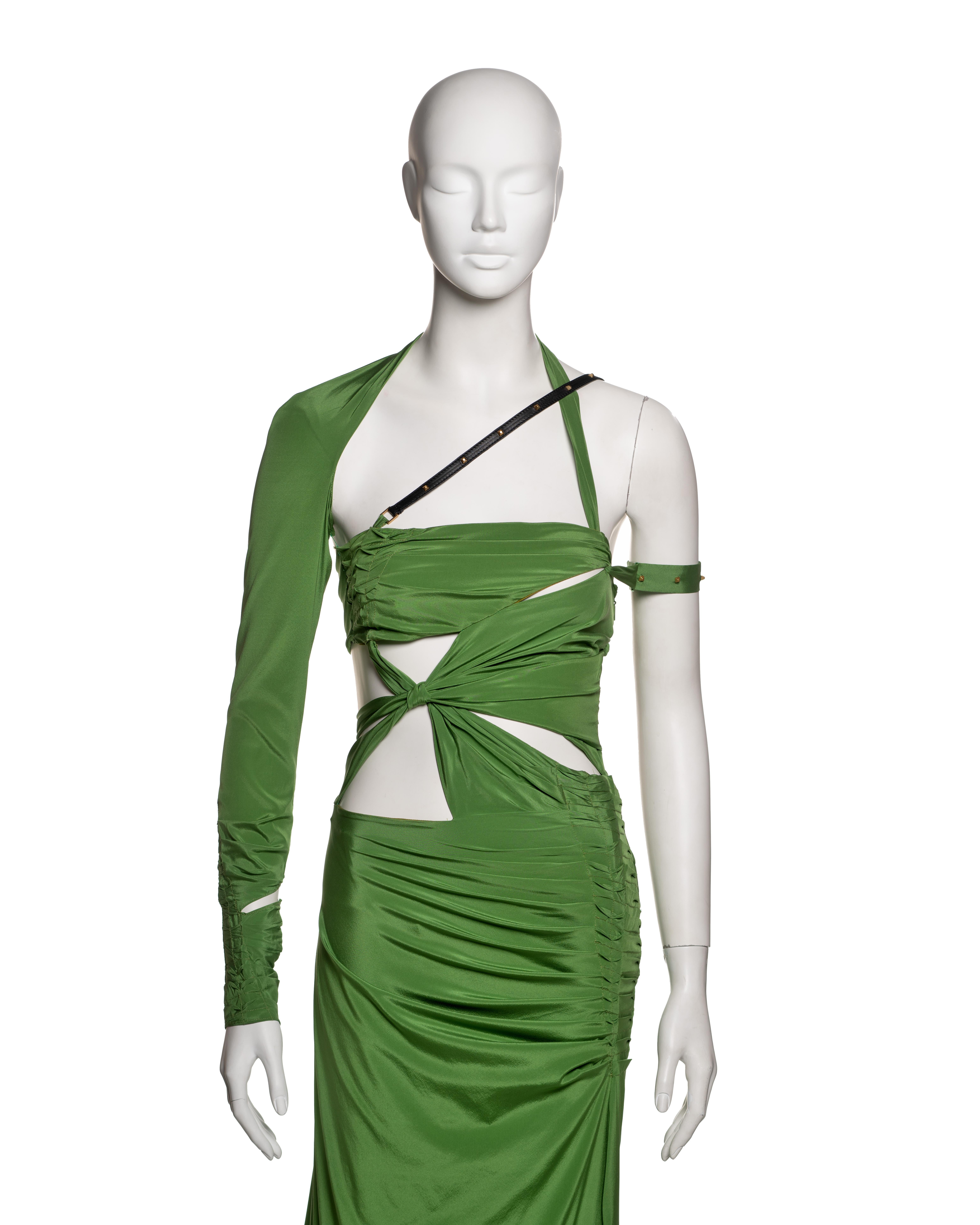 Gray Gucci by Tom Ford Green Silk Cut-Out Dress with Leather Strap Detail, FW 2003