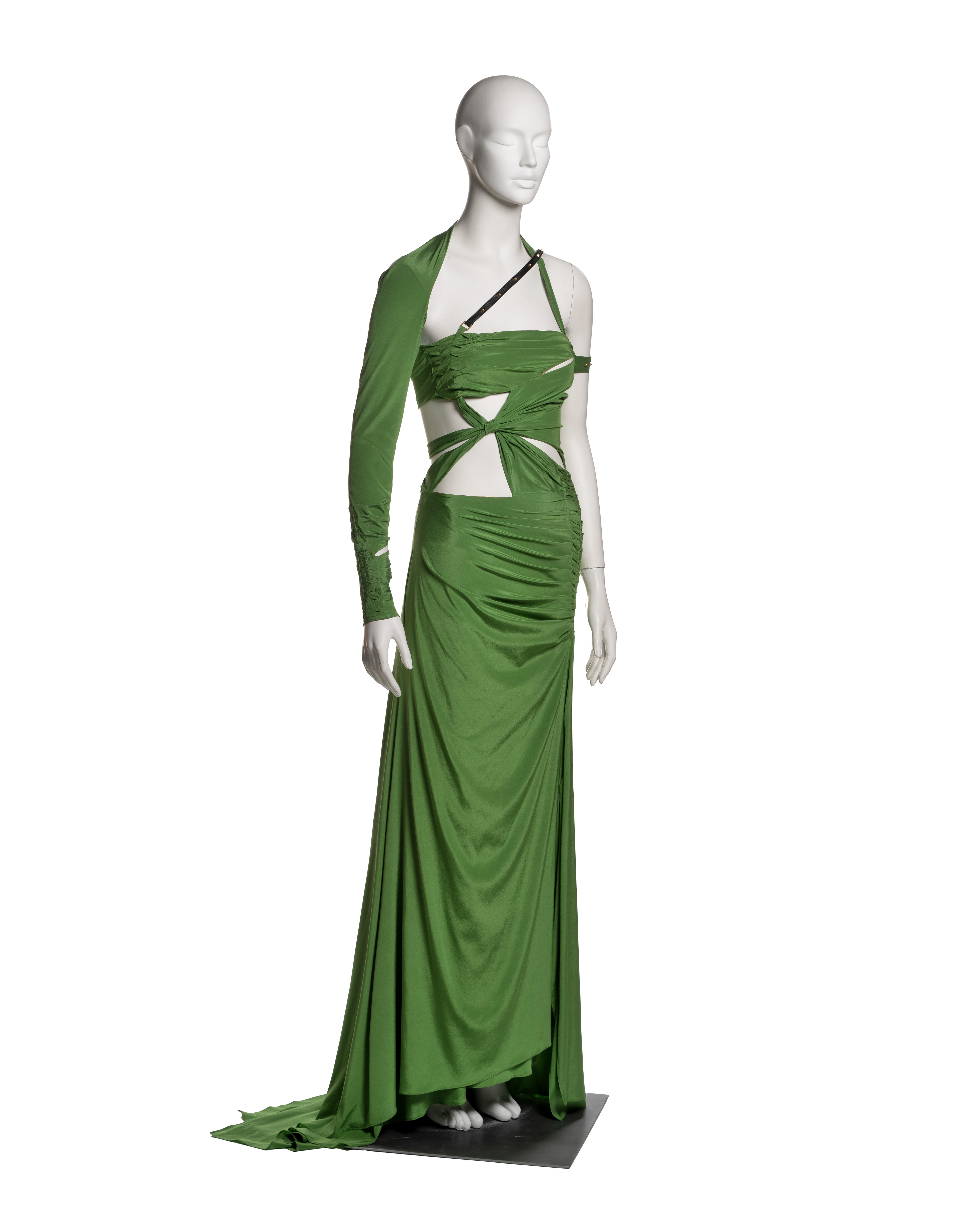 Women's Gucci by Tom Ford Green Silk Cut-Out Dress with Leather Strap Detail, FW 2003
