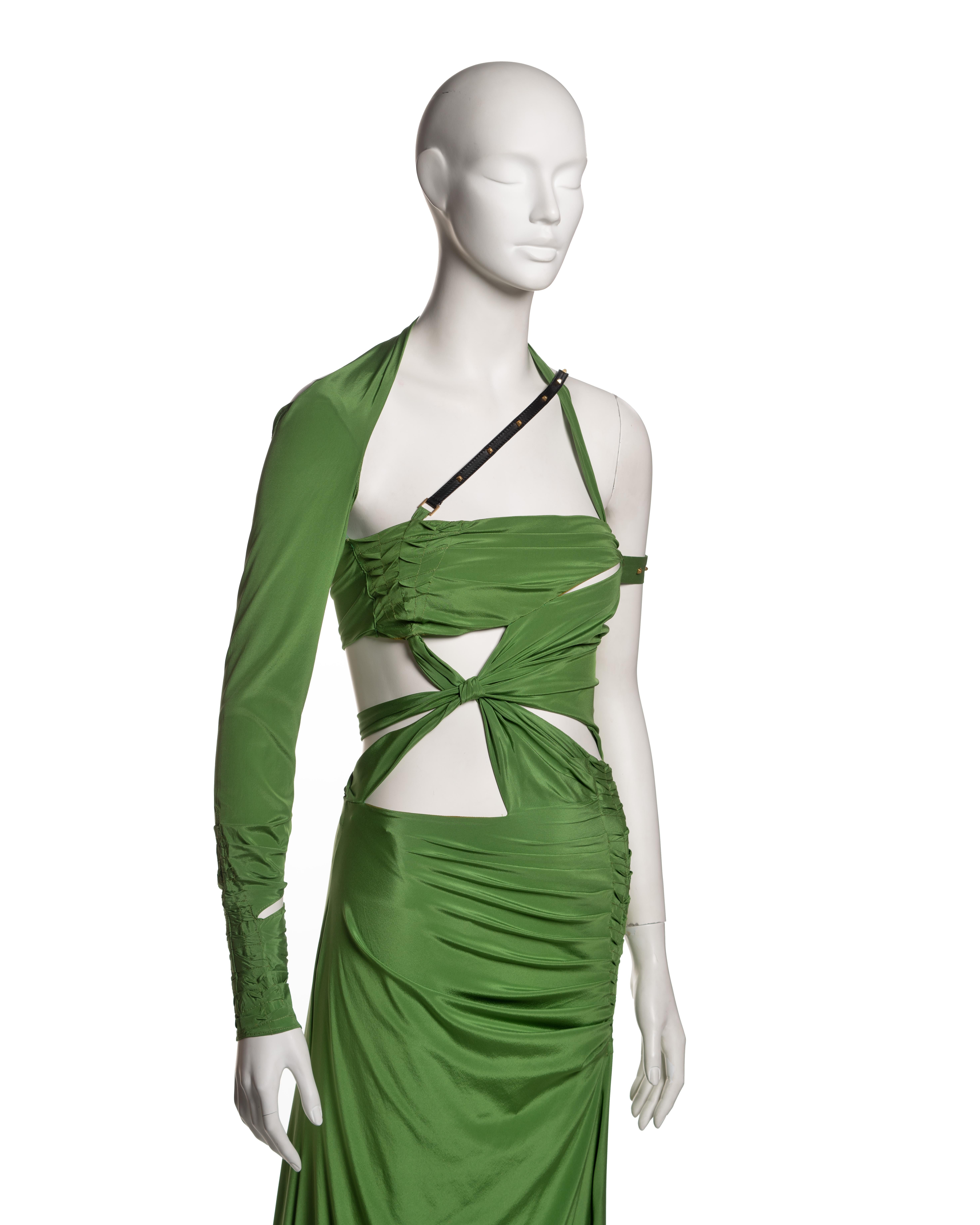 Gucci by Tom Ford Green Silk Cut-Out Dress with Leather Strap Detail, FW 2003 1