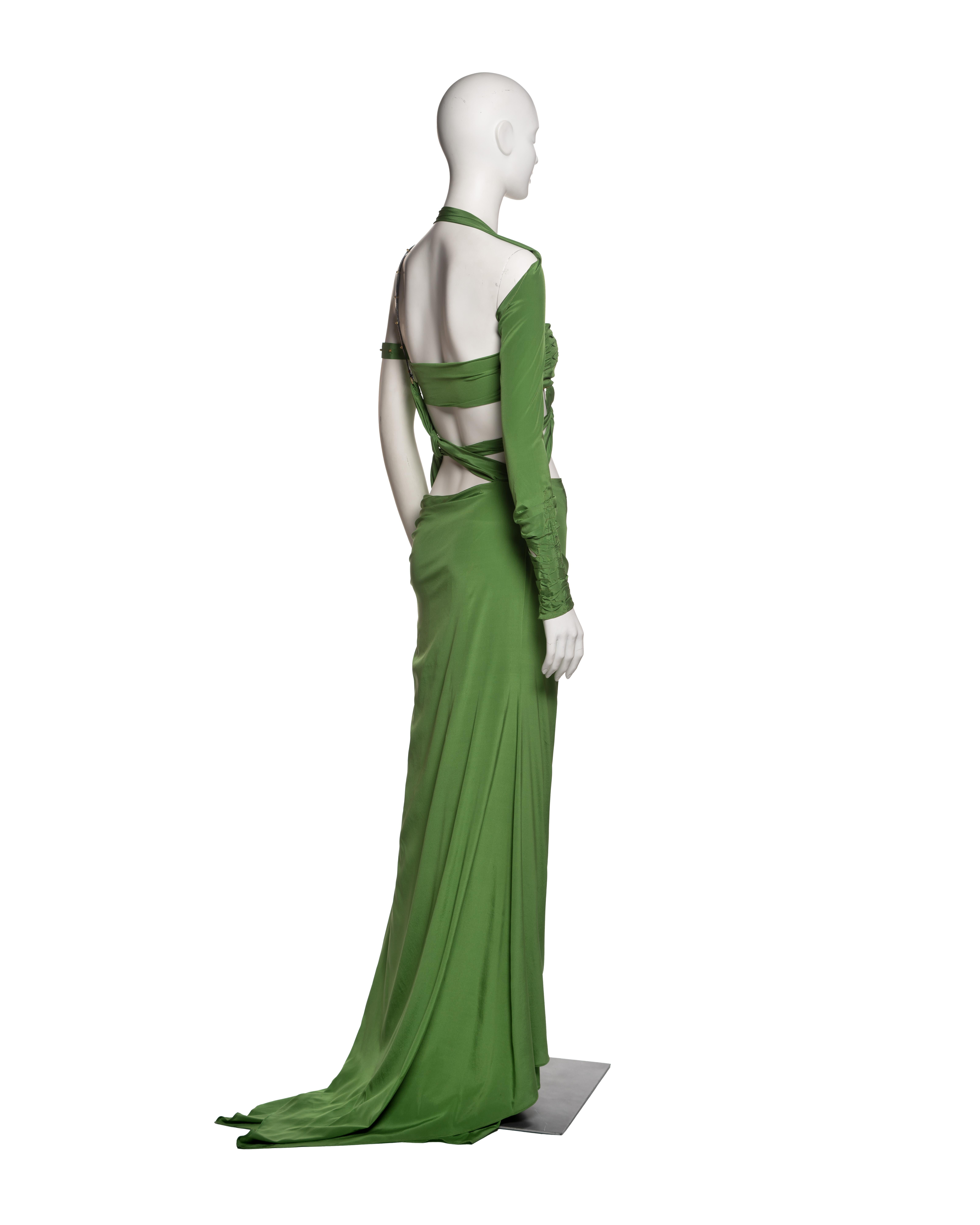 Gucci by Tom Ford Green Silk Cut-Out Dress with Leather Strap Detail, FW 2003 2