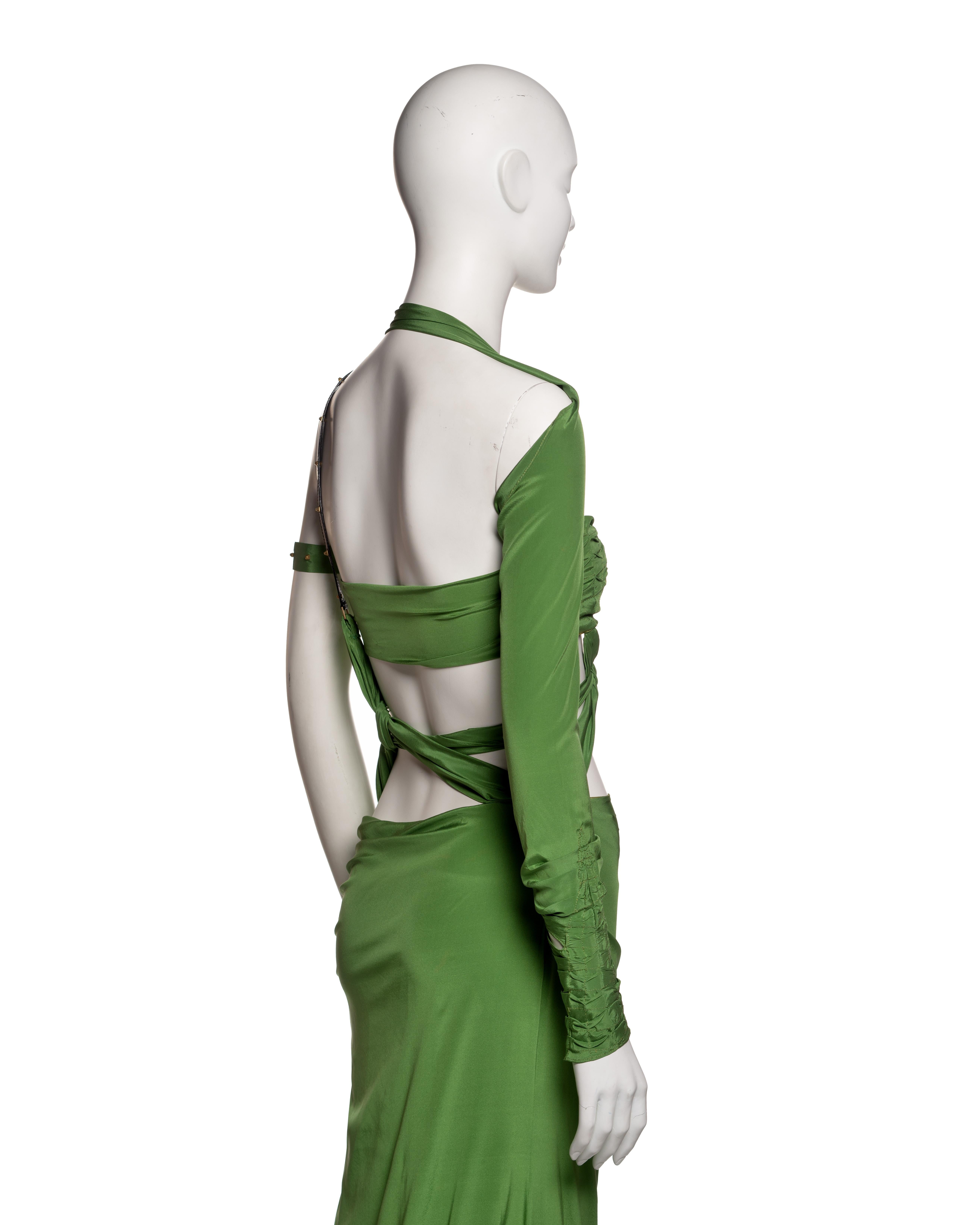 Gucci by Tom Ford Green Silk Cut-Out Dress with Leather Strap Detail, FW 2003 3