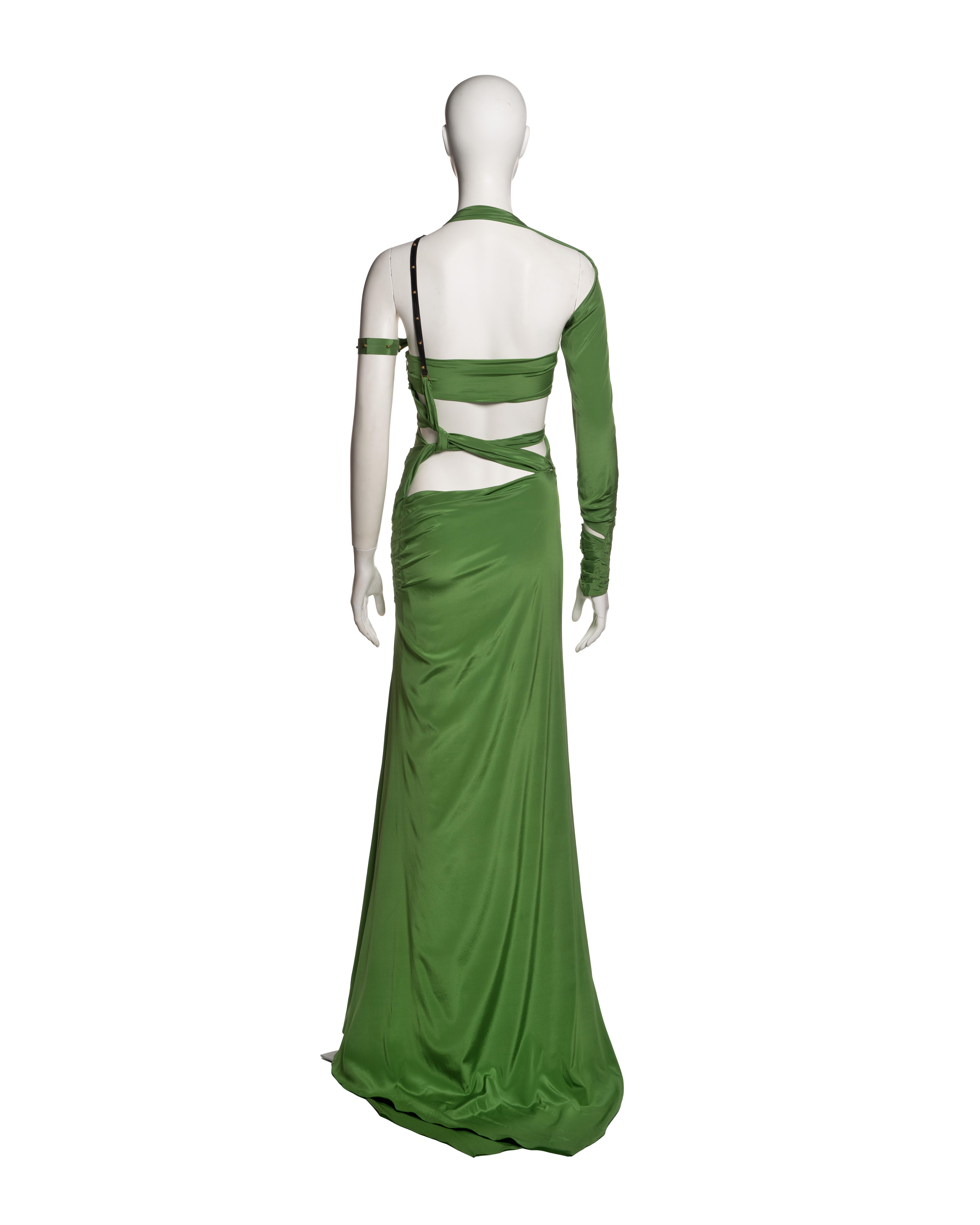 Gucci by Tom Ford Green Silk Cut-Out Dress with Leather Strap Detail, FW 2003 4