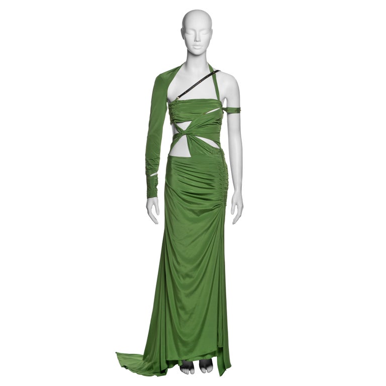 Gucci by Tom Ford Green Silk Cut-Out Dress with Leather Strap Detail, FW  2003 For Sale at 1stDibs