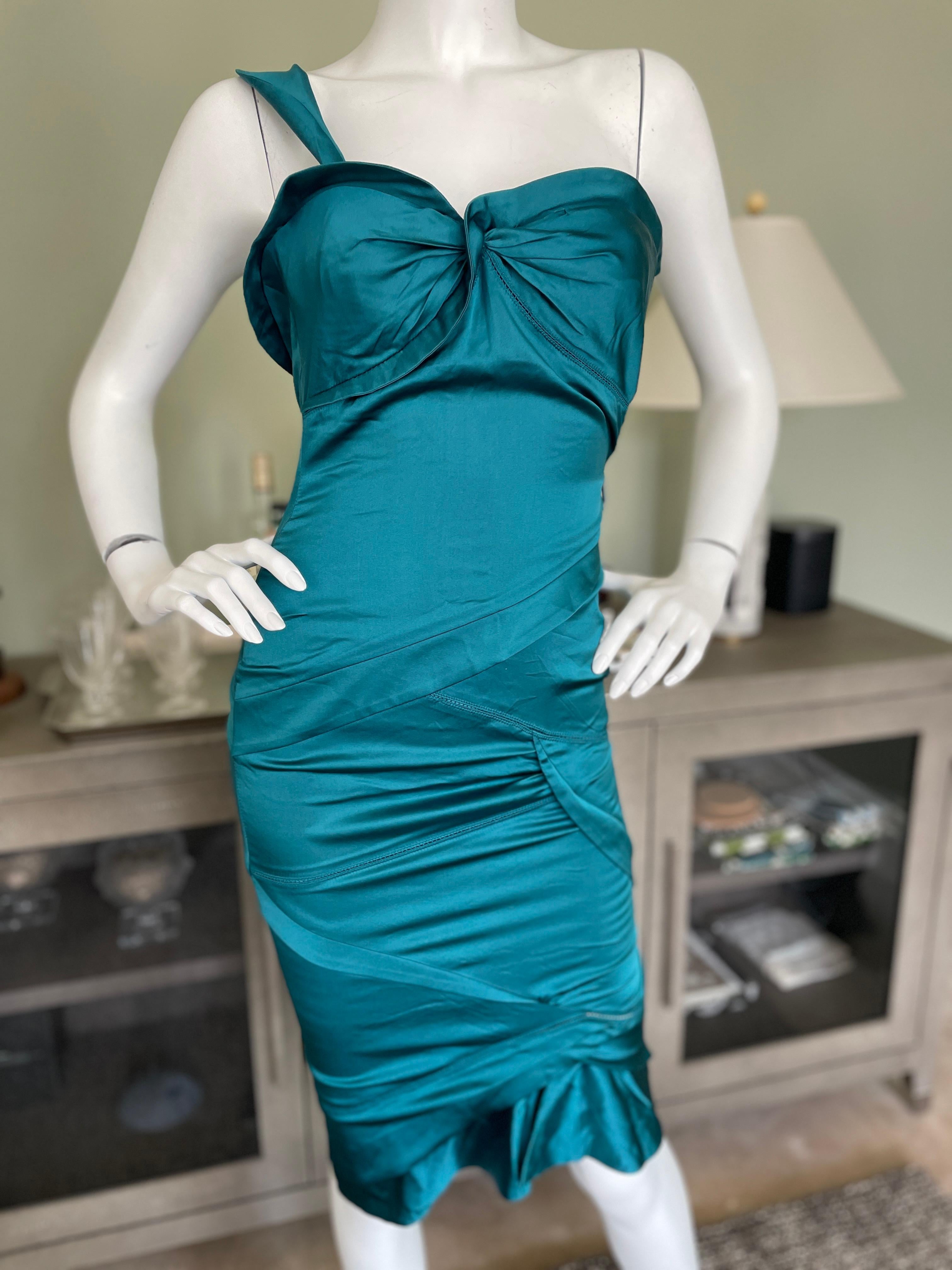 Gucci by Tom Ford Green Silk One Shoulder Cocktail Dress XS In Excellent Condition For Sale In Cloverdale, CA