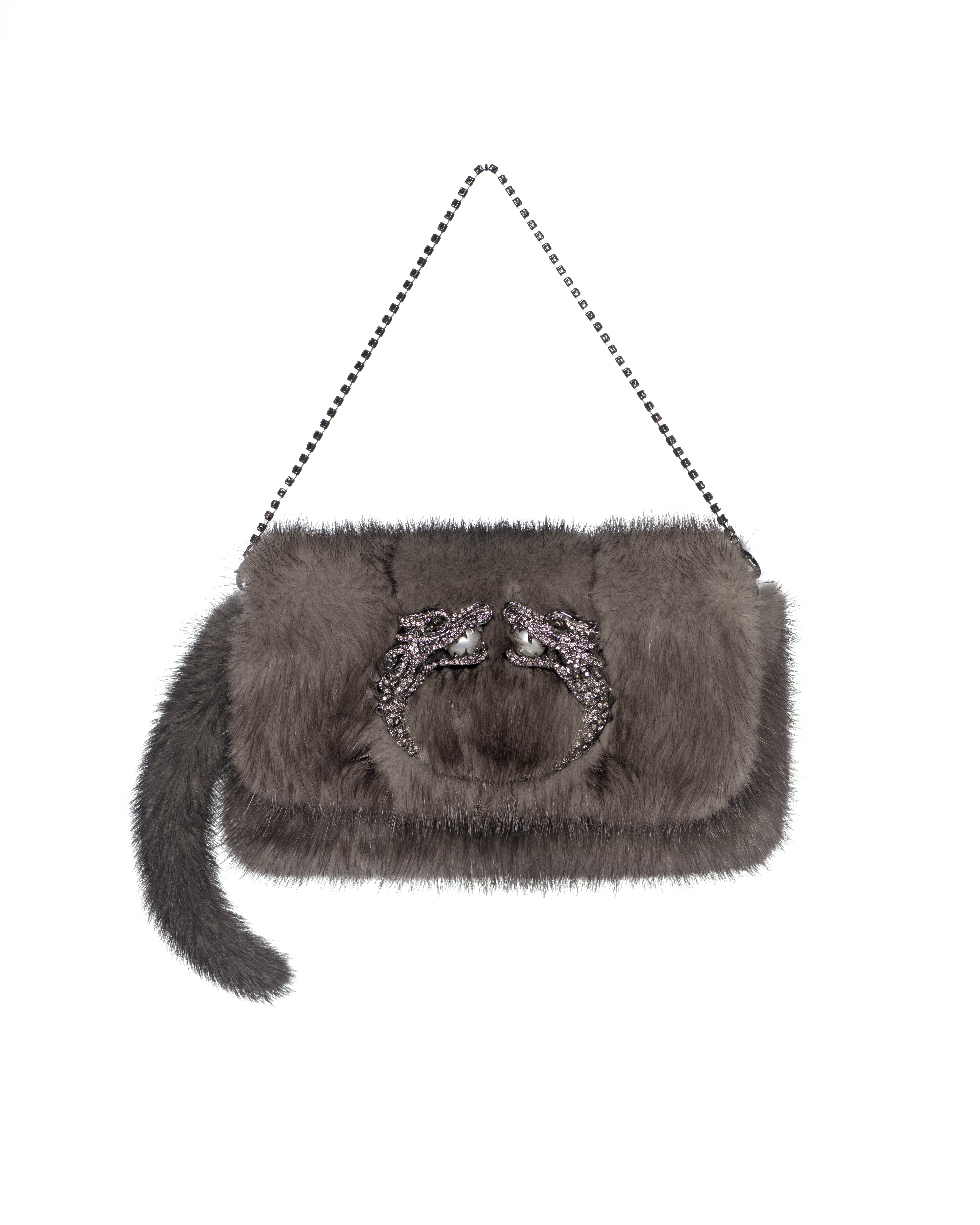 Gucci by Tom Ford Grey Mink Fur Dragon Evening Mini Clutch / Bag, fw 2004 For Sale