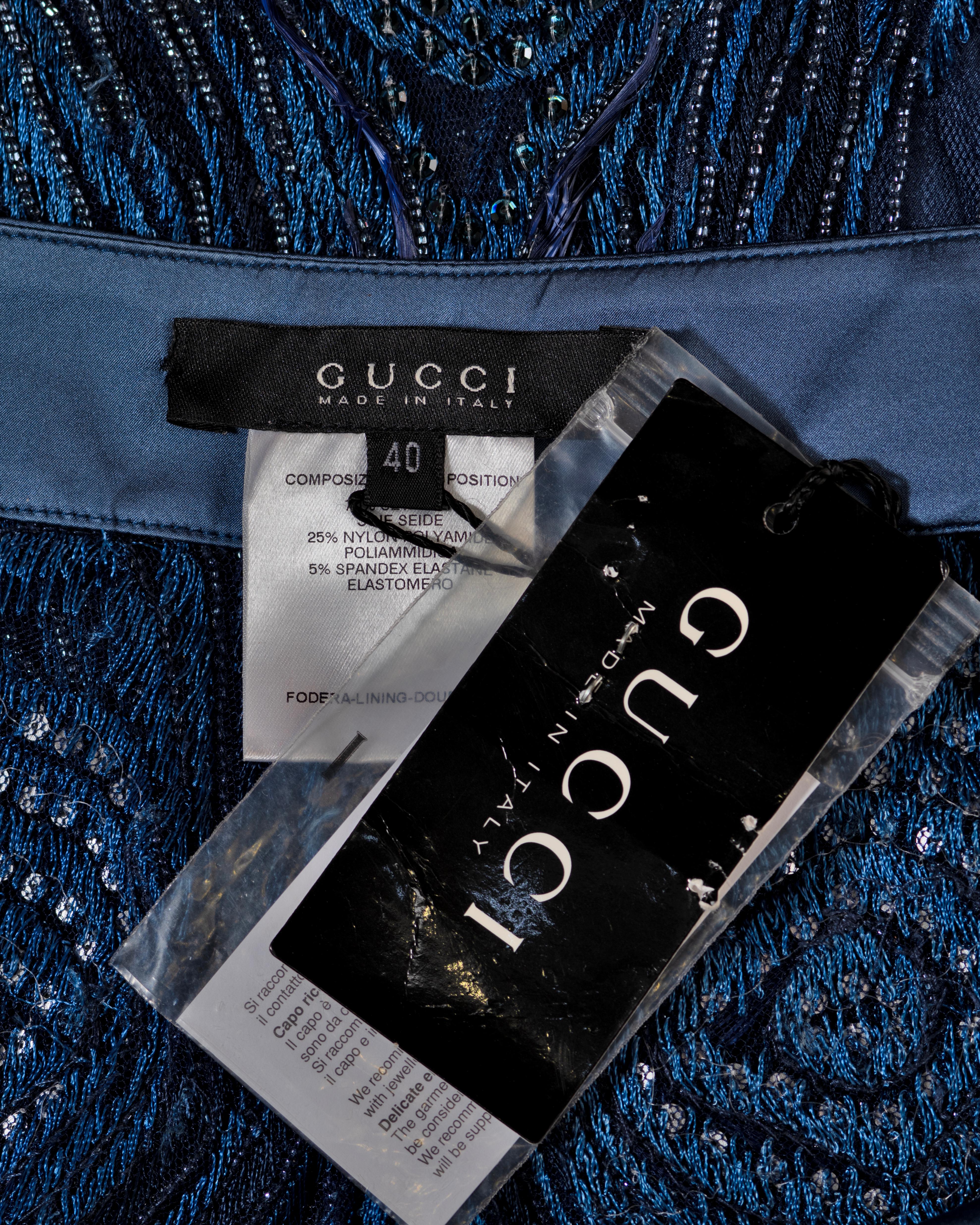 Gucci by Tom Ford Hand-Embroidered Silk Mesh Trousers with Feathers, FW 2004 For Sale 11