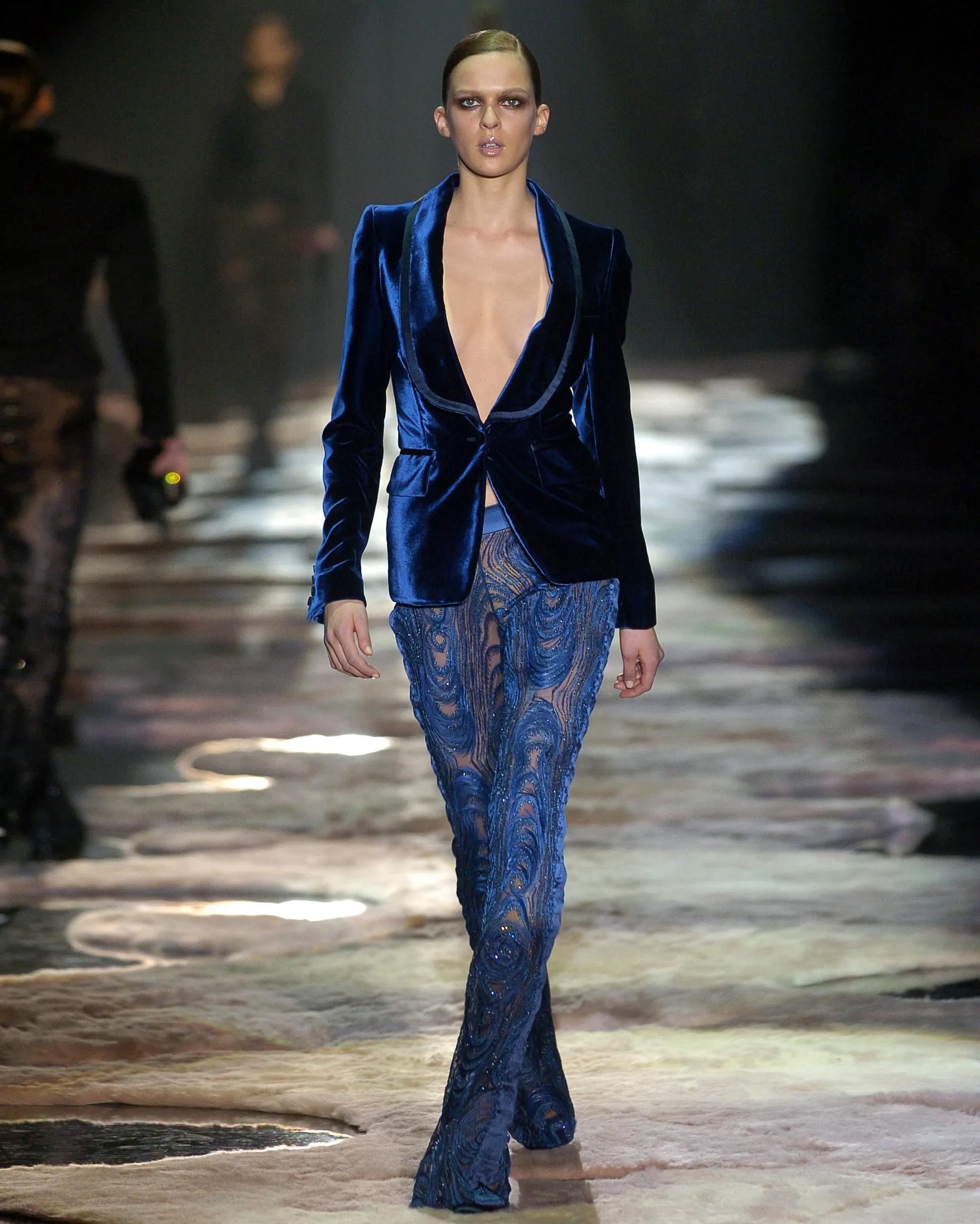 Black Gucci by Tom Ford Hand-Embroidered Silk Mesh Trousers with Feathers, FW 2004 For Sale