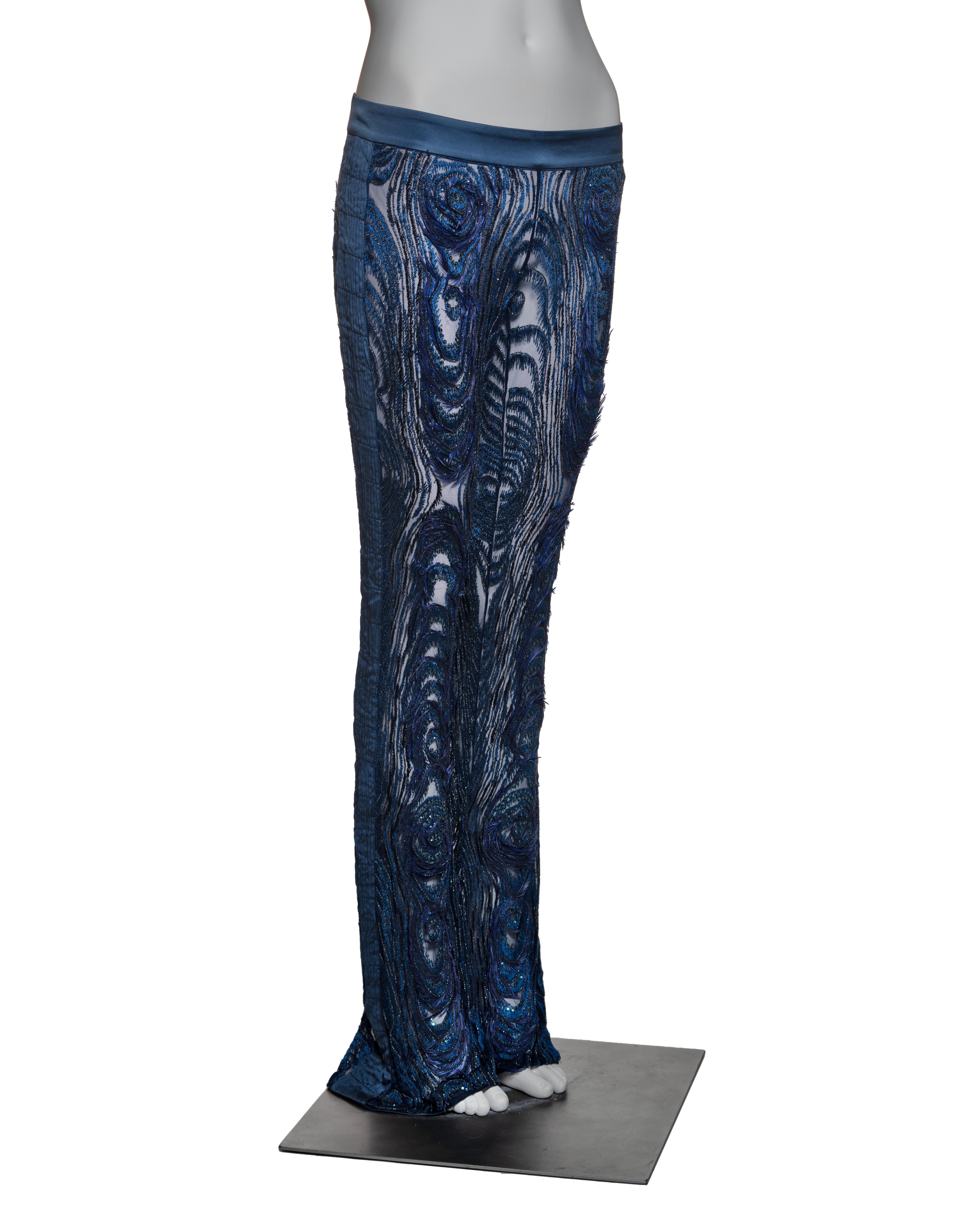Women's Gucci by Tom Ford Hand-Embroidered Silk Mesh Trousers with Feathers, FW 2004 For Sale