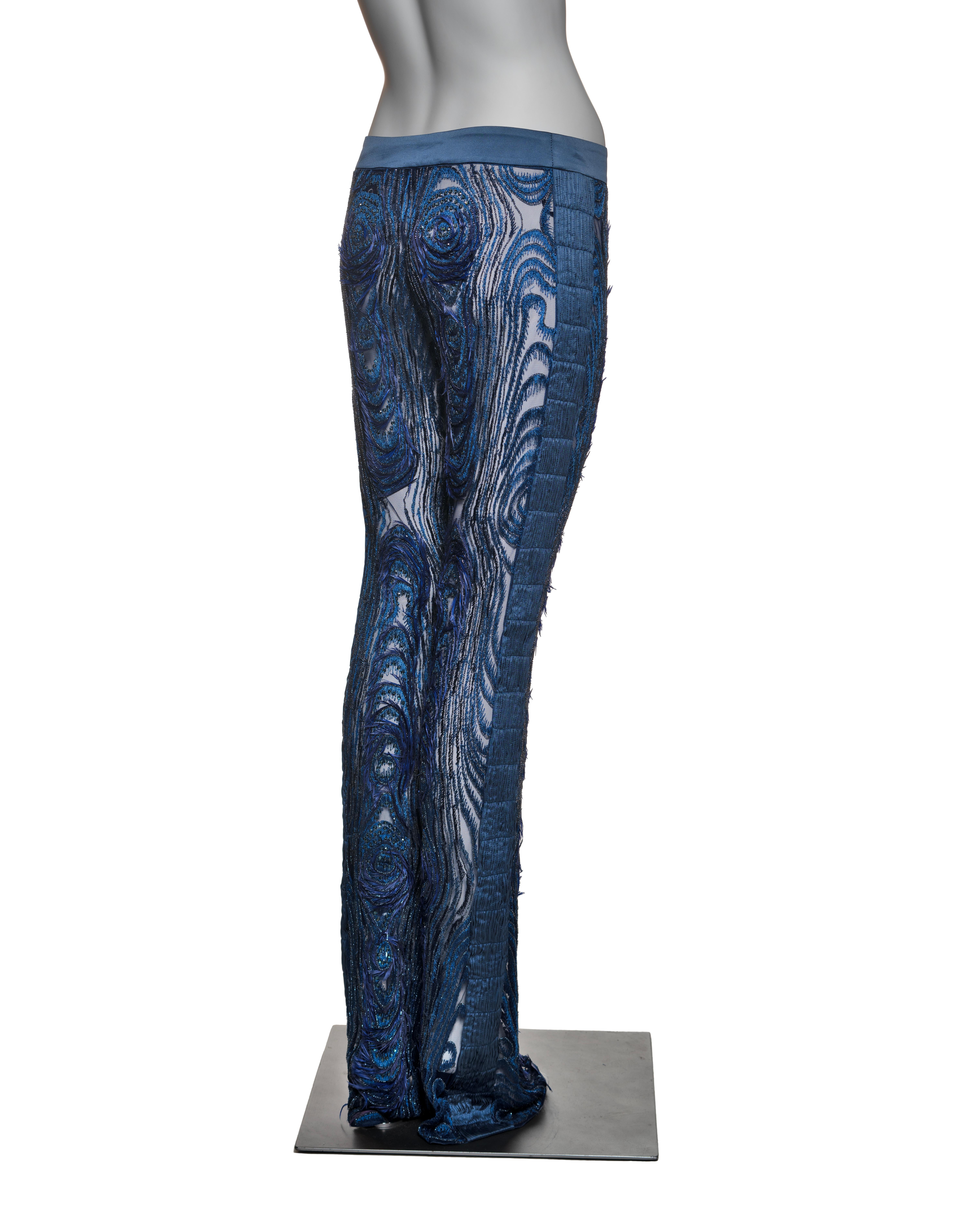 Gucci by Tom Ford Hand-Embroidered Silk Mesh Trousers with Feathers, FW 2004 For Sale 4