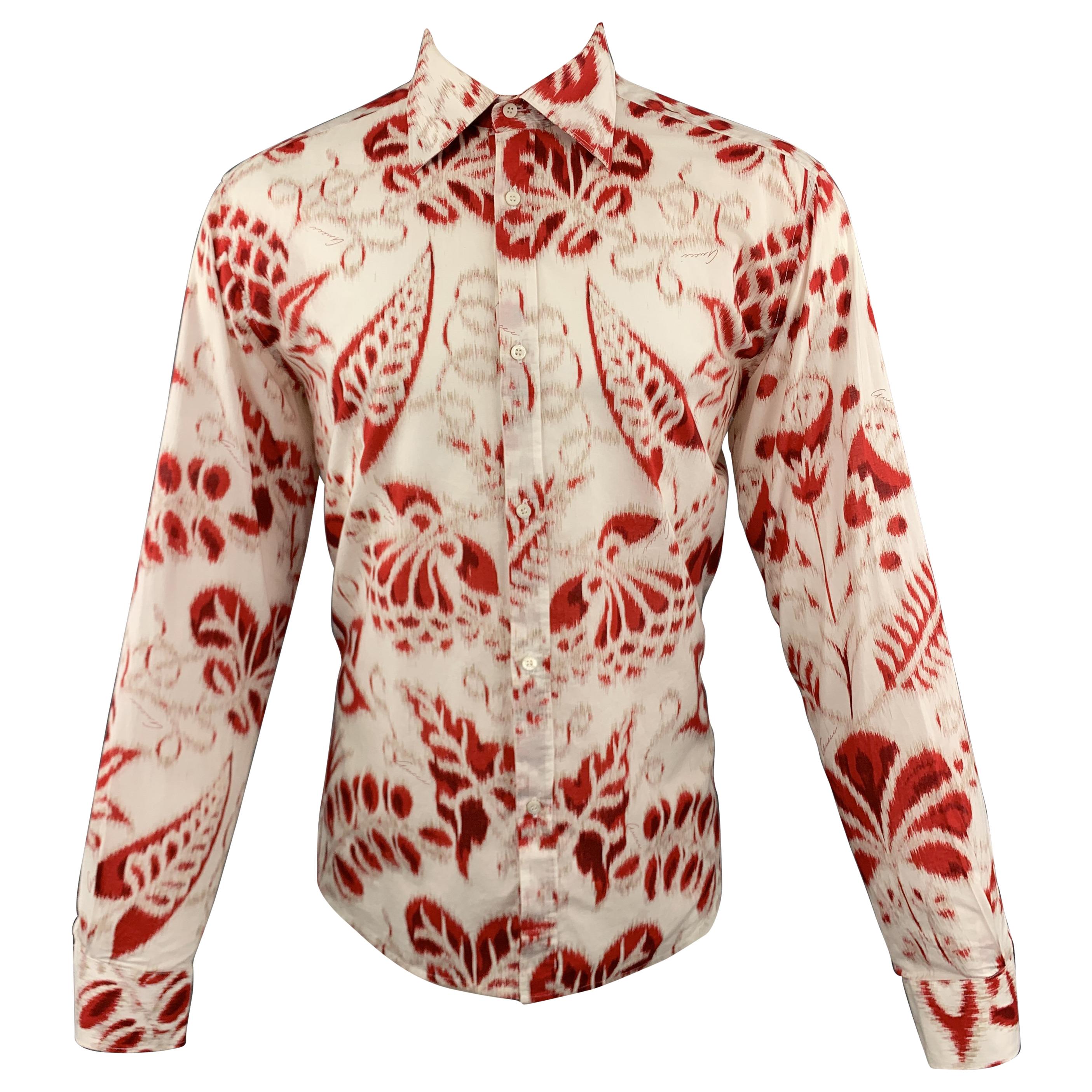 GUCCI by TOM FORD L White 
Red Floral Print Cotton Button Up Long Sleeve Shirt