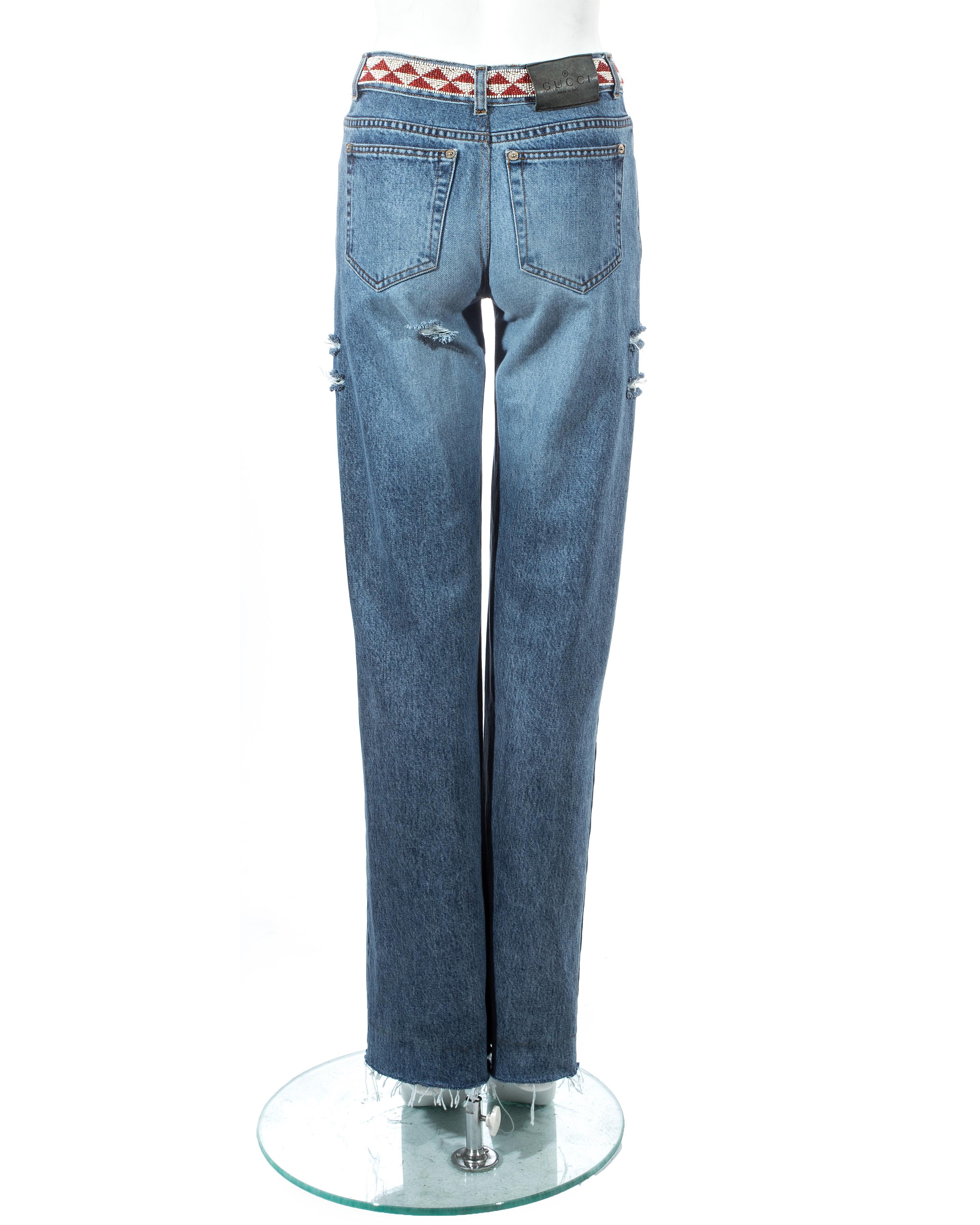 Gray Gucci by Tom Ford light blue denim jeans with beaded waistband, ss 1999