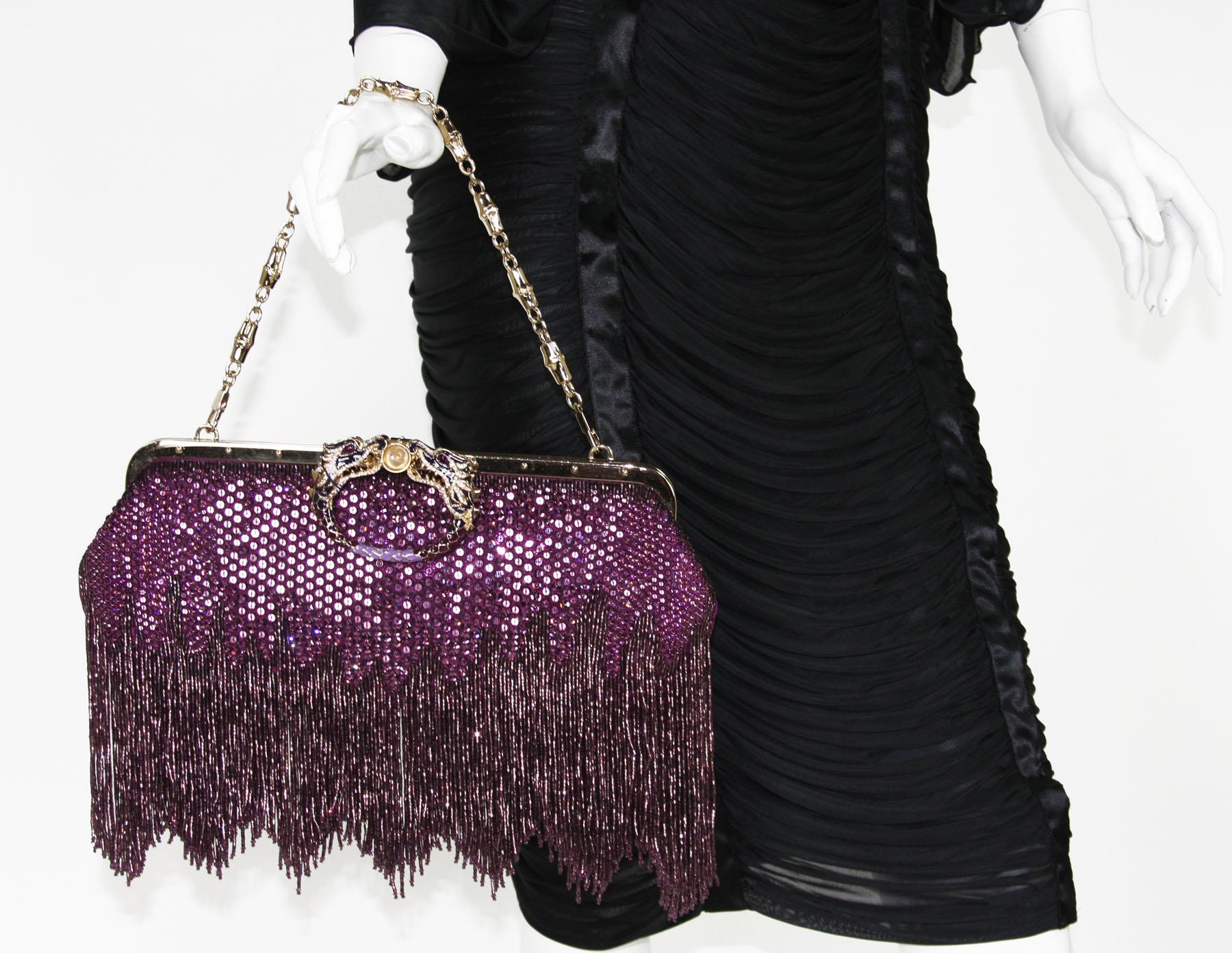 Gucci by Tom Ford Limited Edition Purple Sequin Fringe Dragon Clutch Bag SS 2004 In Excellent Condition In Montgomery, TX