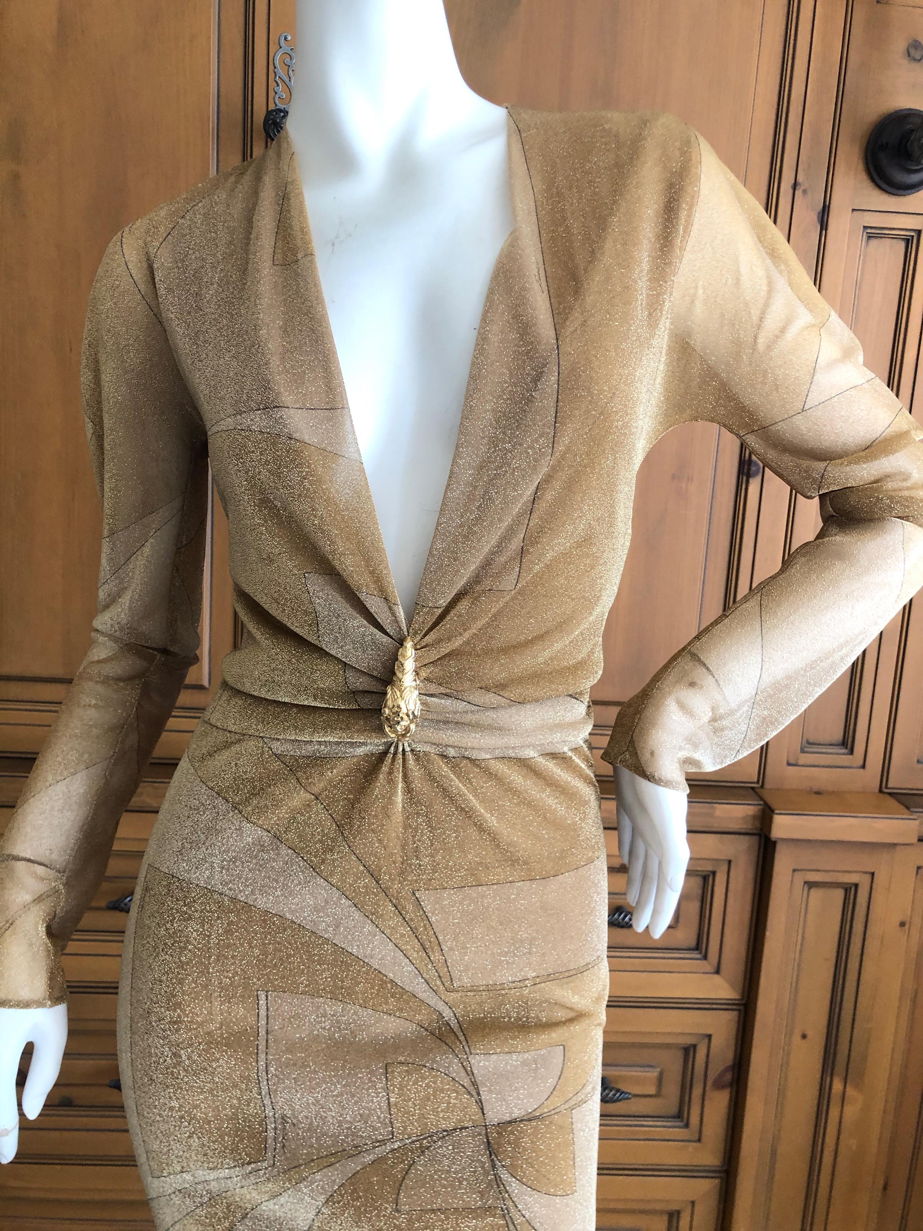 Brown Gucci by Tom Ford Low Cut Gold Dress with Dragon Detail For Sale