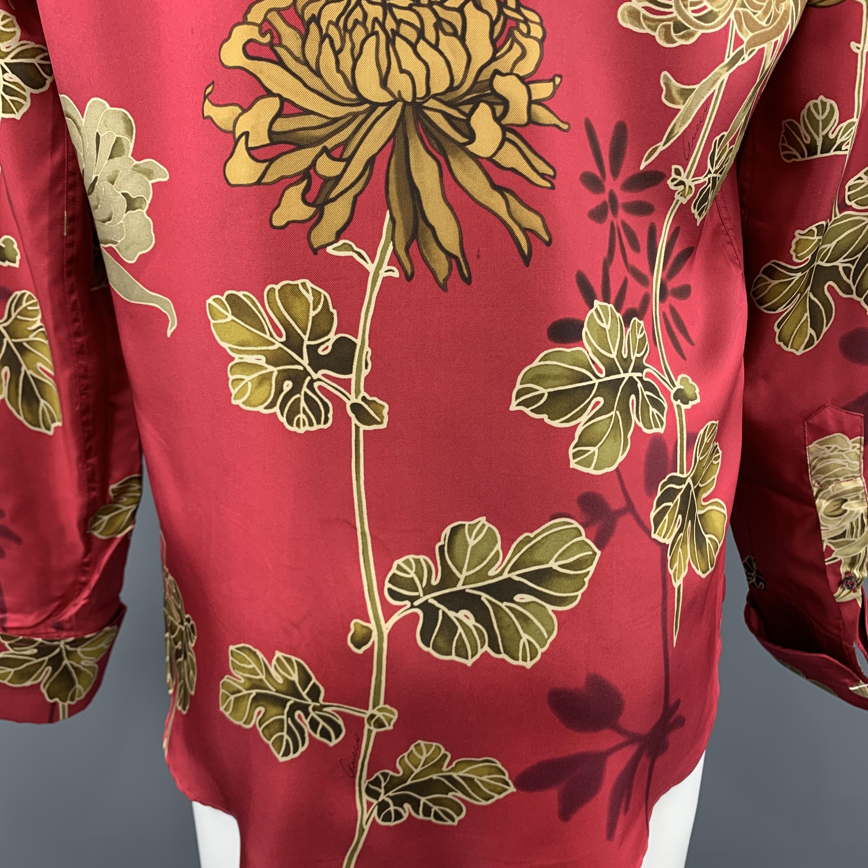  GUCCI by TOM FORD M Burgundy Floral Silk French Cuff Long Sleeve Shirt 3