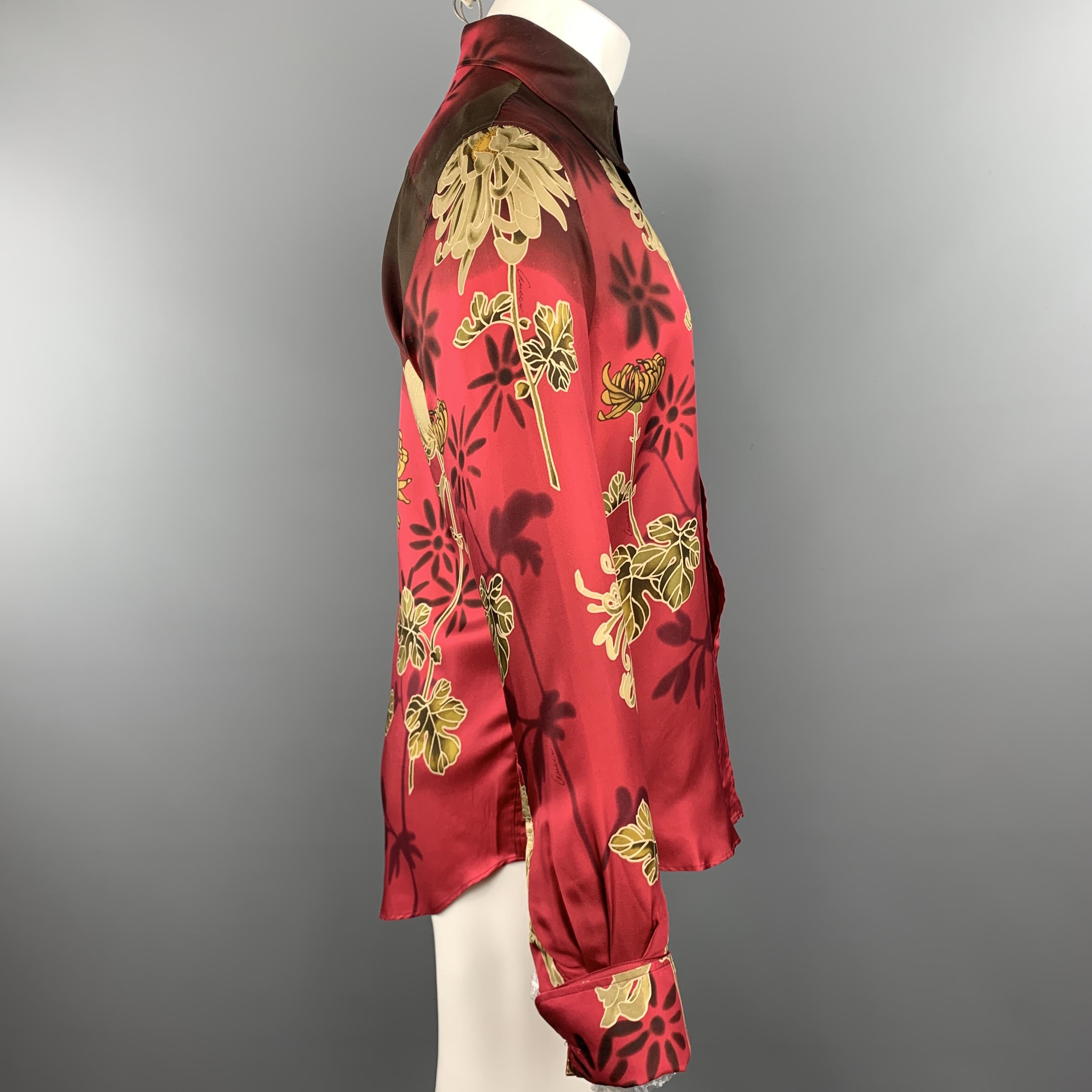  GUCCI by TOM FORD M Burgundy Floral Silk French Cuff Long Sleeve Shirt In Excellent Condition In San Francisco, CA