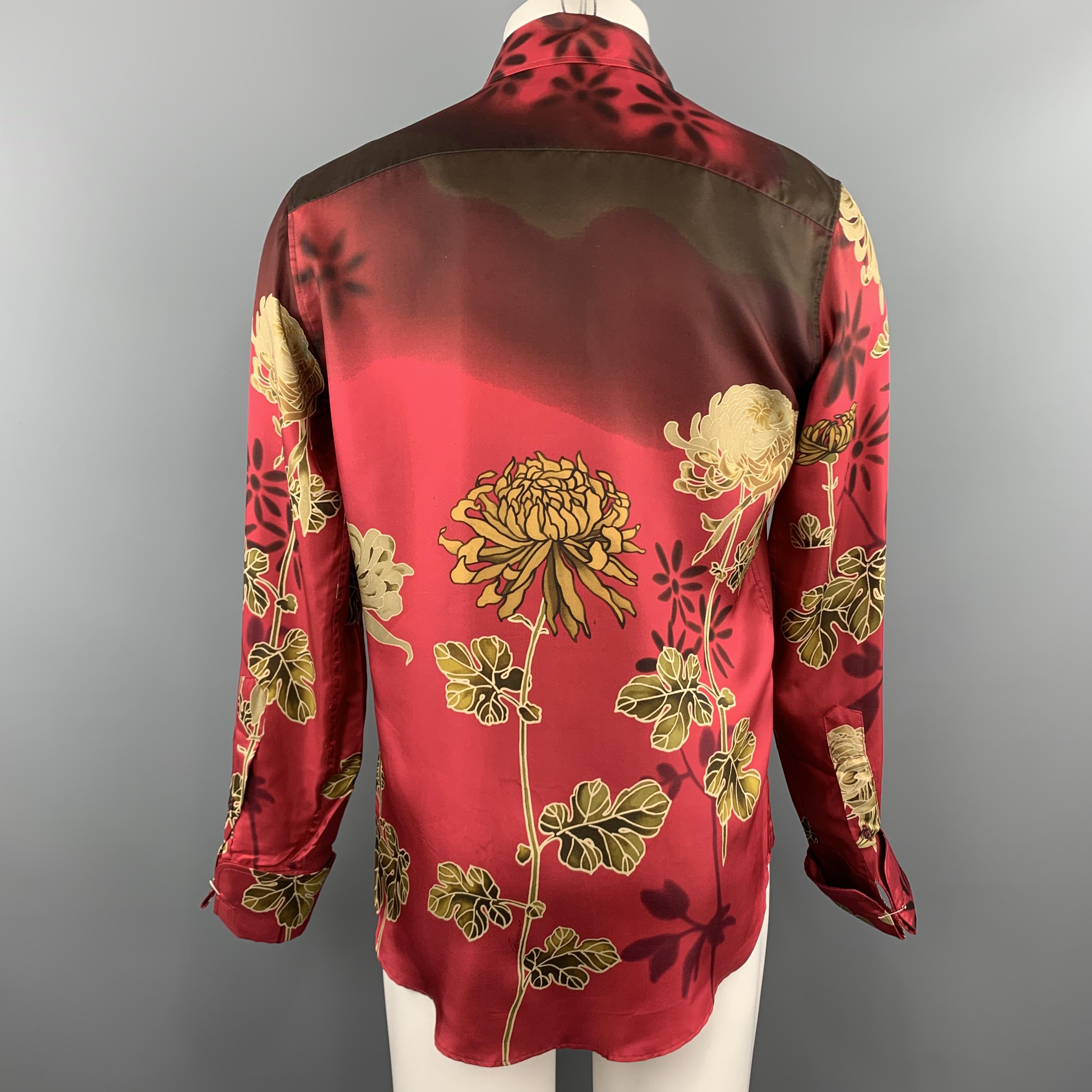  GUCCI by TOM FORD M Burgundy Floral Silk French Cuff Long Sleeve Shirt 1