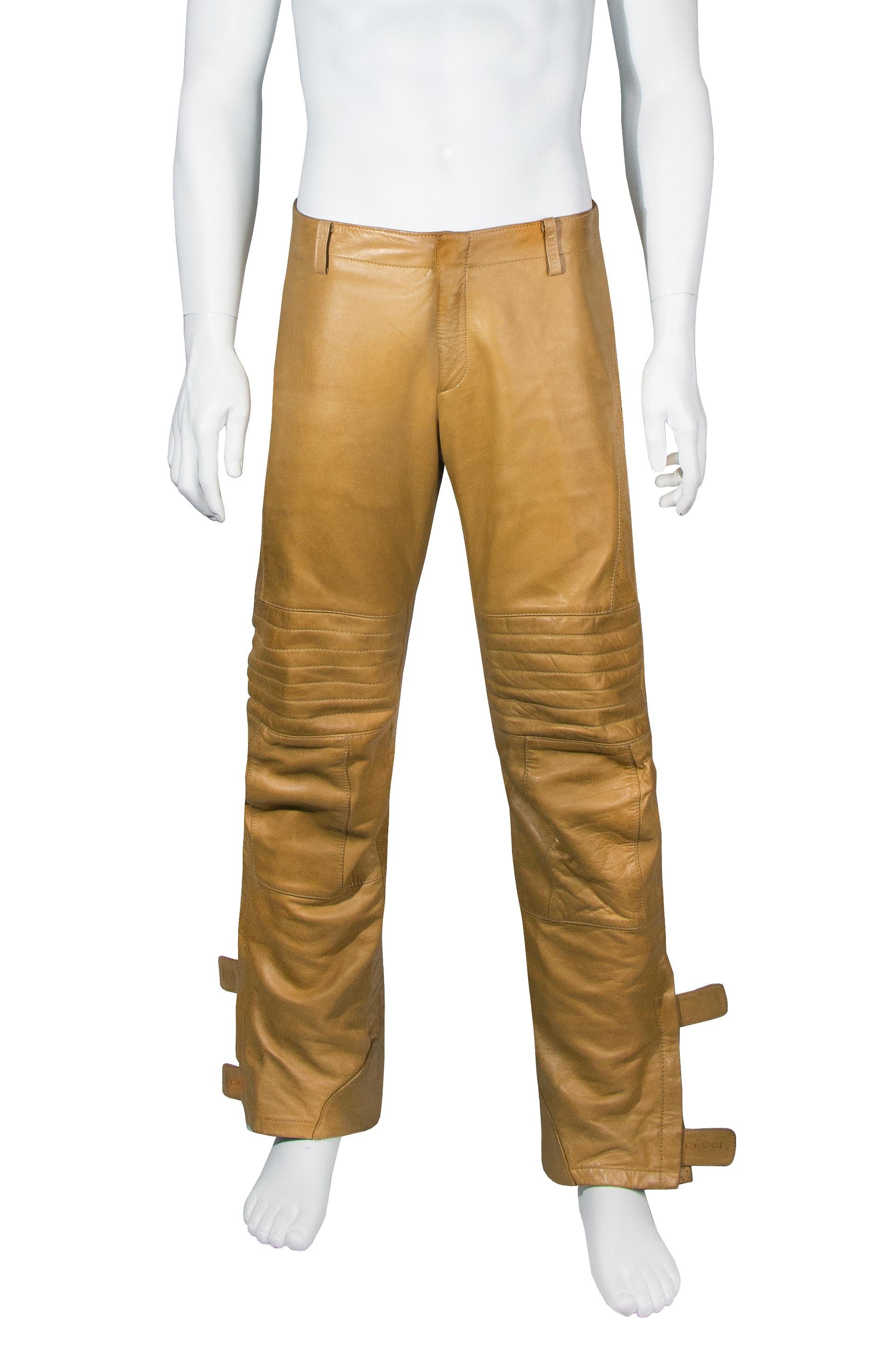 Gucci by Tom Ford men's tan leather motorcycle pants, fall-winter 2000. Shown in both the men's and women's runway shows of this season, these pants are truly an iconic design and a strong example of Ford's vision for the brand.

Made of supple
