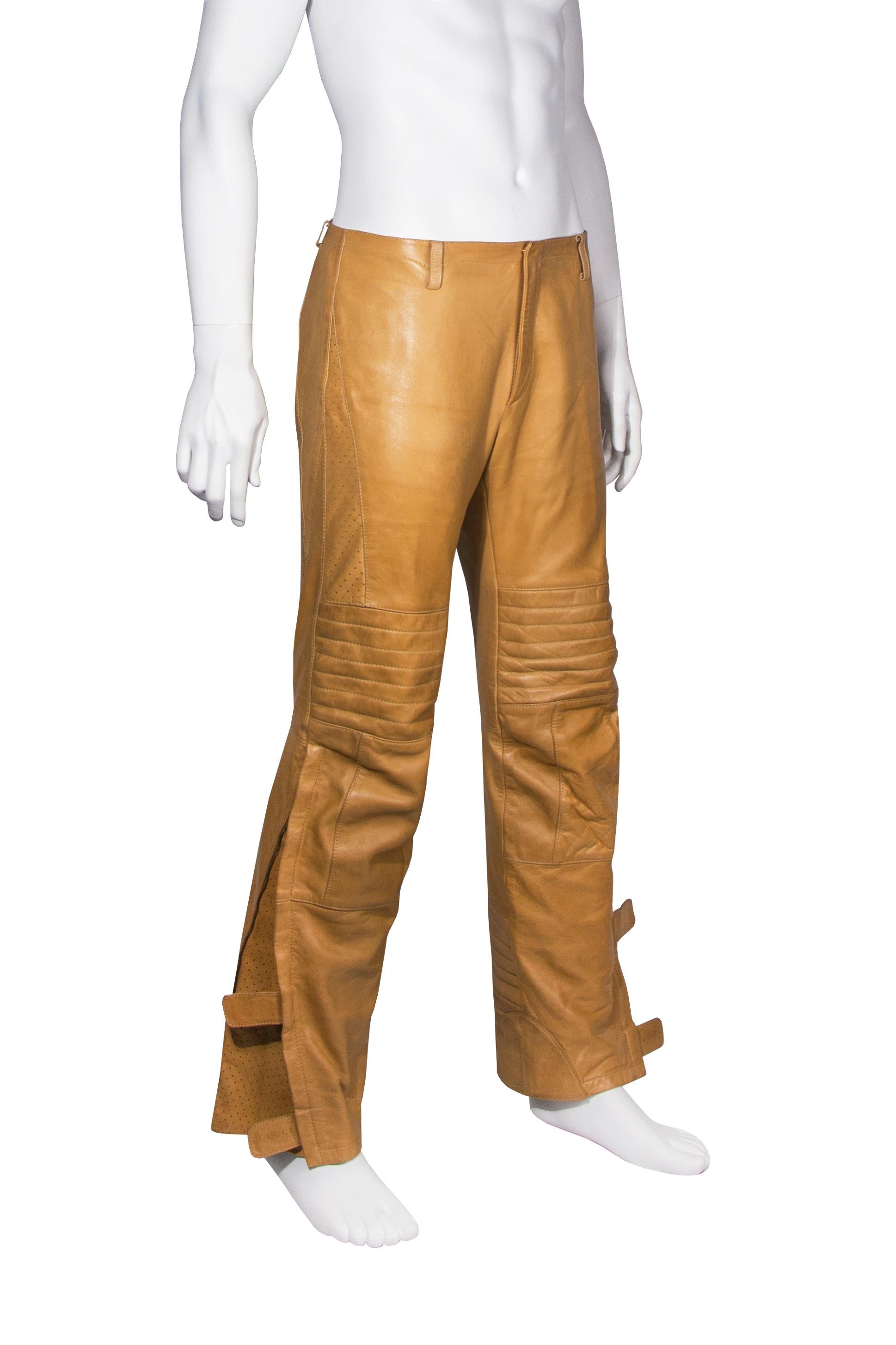 Men's Gucci by Tom Ford men's tan leather motorcycle pants, fw 2000 For Sale