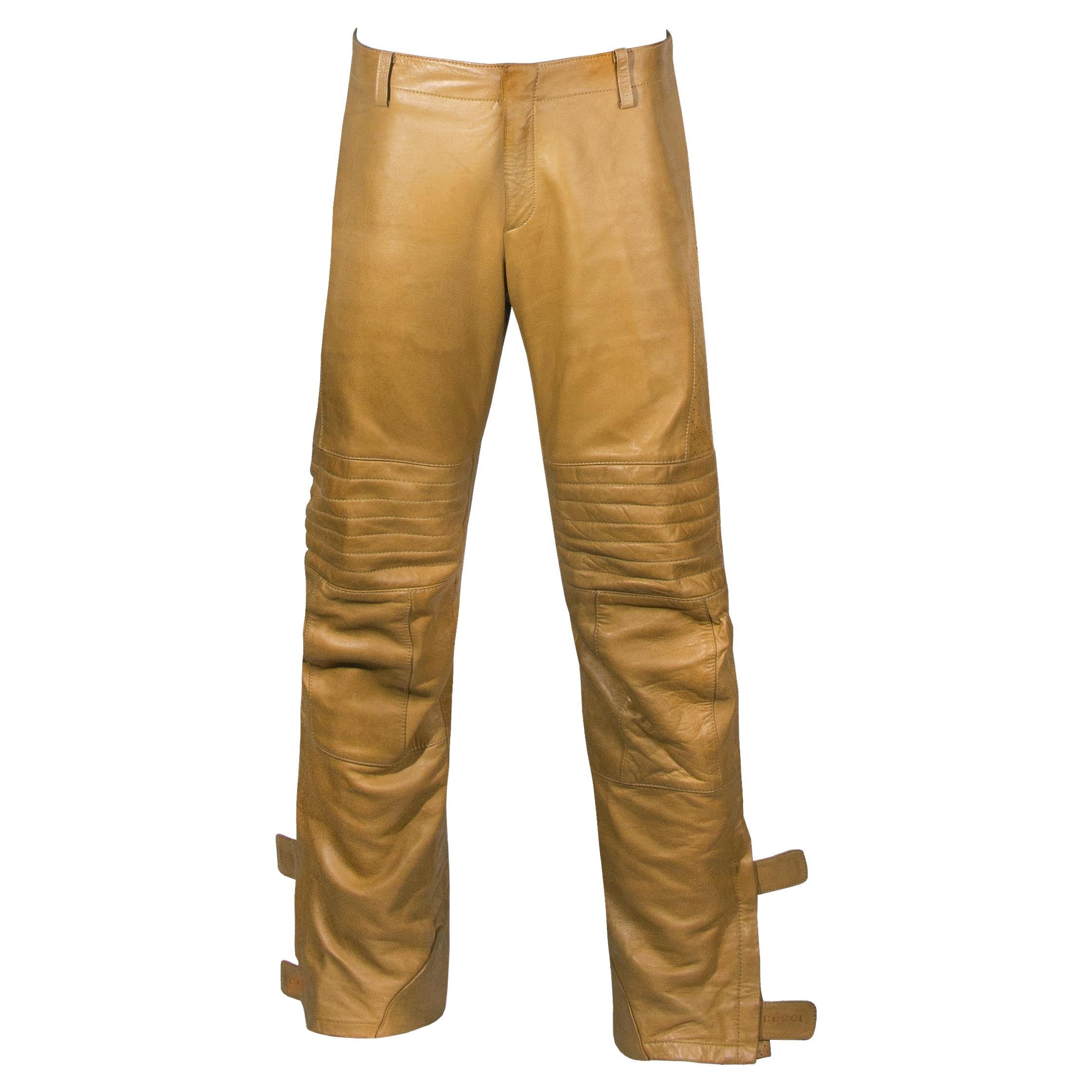 Gucci by Tom Ford men's tan leather motorcycle pants, fw 2000 For Sale