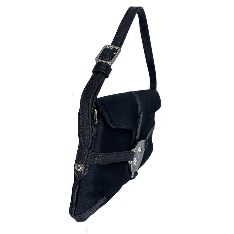 Women's Gucci by Tom Ford Mini Reins Black Lizard Silk Satin Rhinestone Logo Thong Bag For Sale