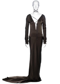 Gucci by Tom Ford olive silk trained lace up evening dress, fw 2002