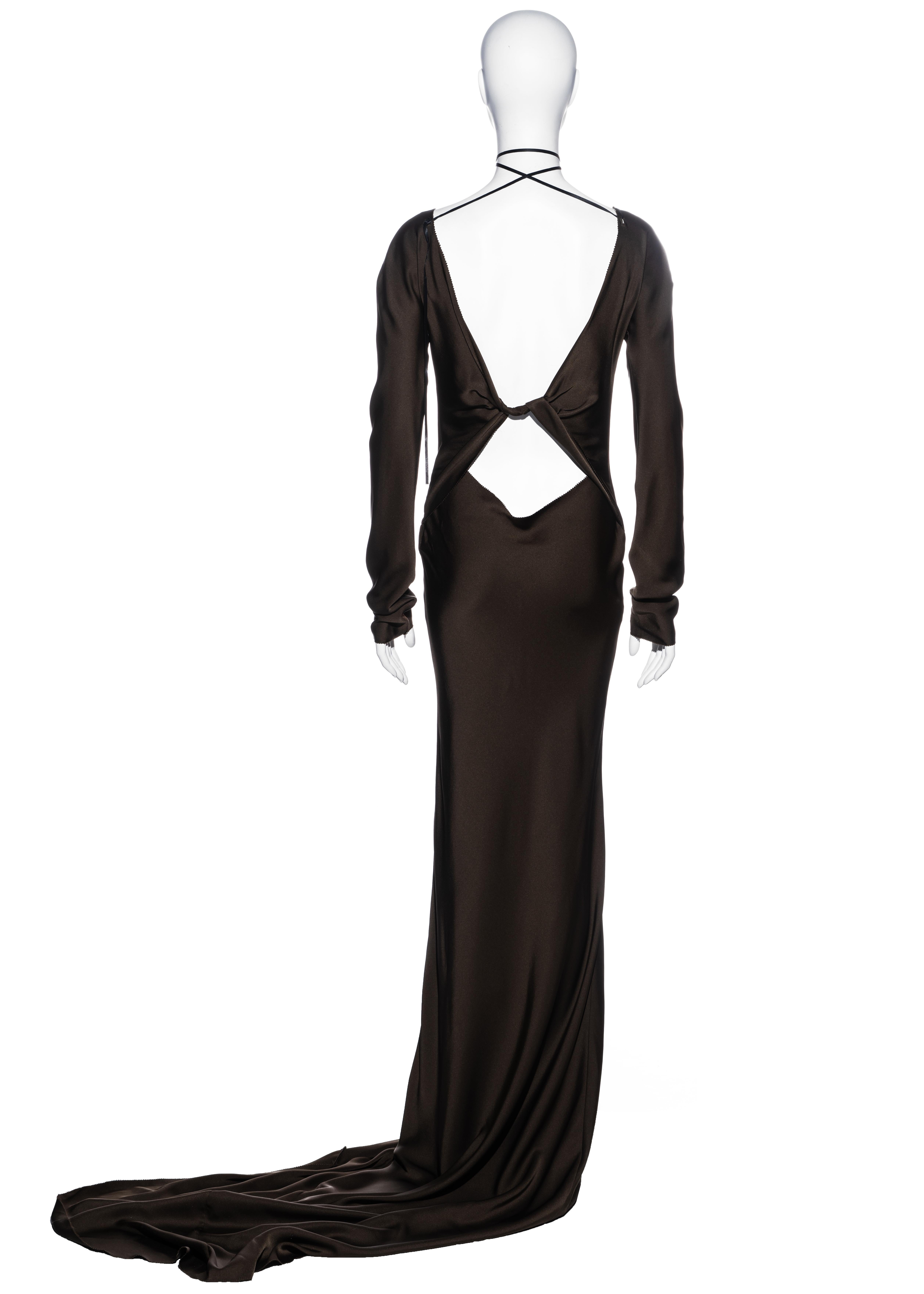 Gucci by Tom Ford olive silk trained lace up evening dress, fw 2002 For Sale 1