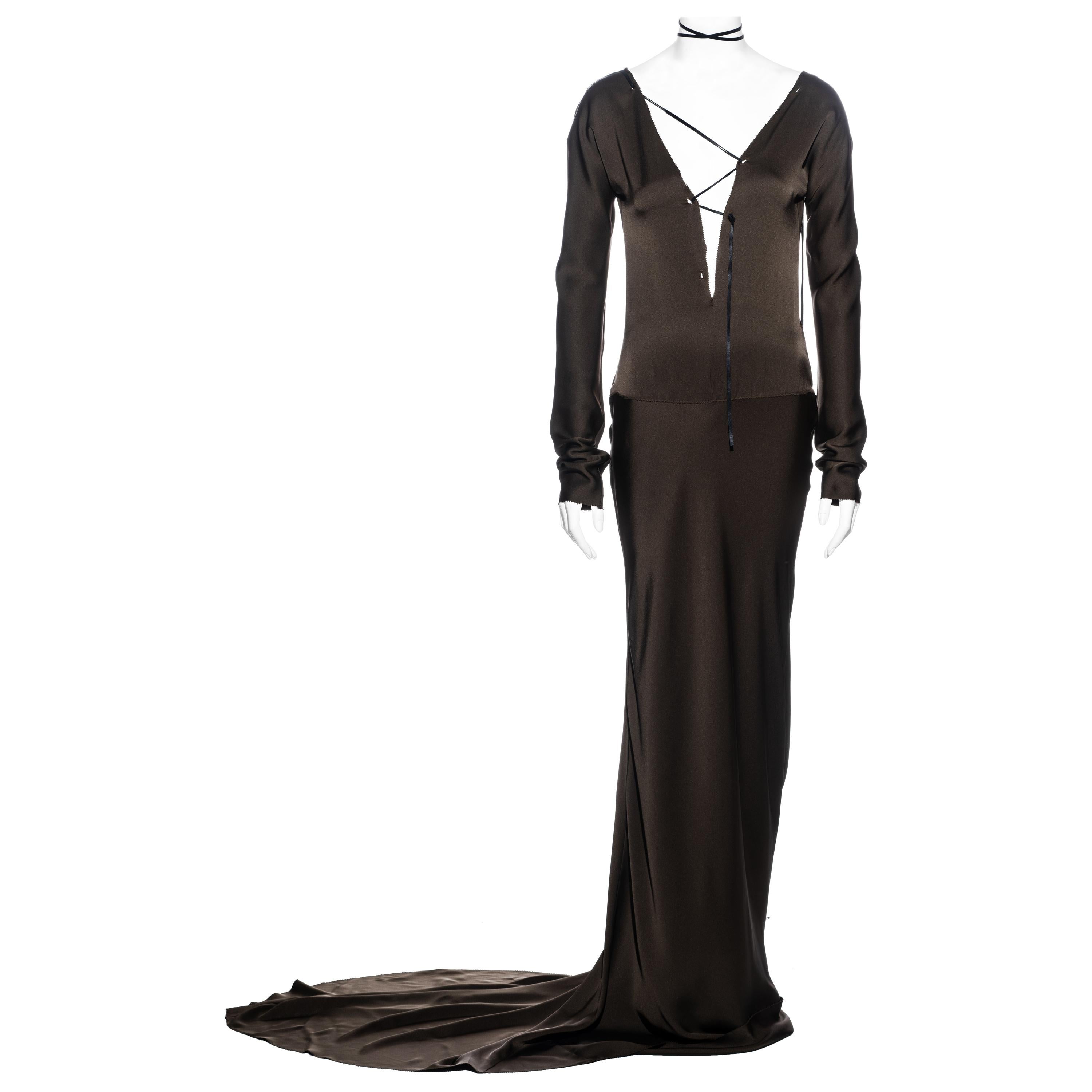Gucci by Tom Ford olive silk trained lace up evening dress, fw 2002