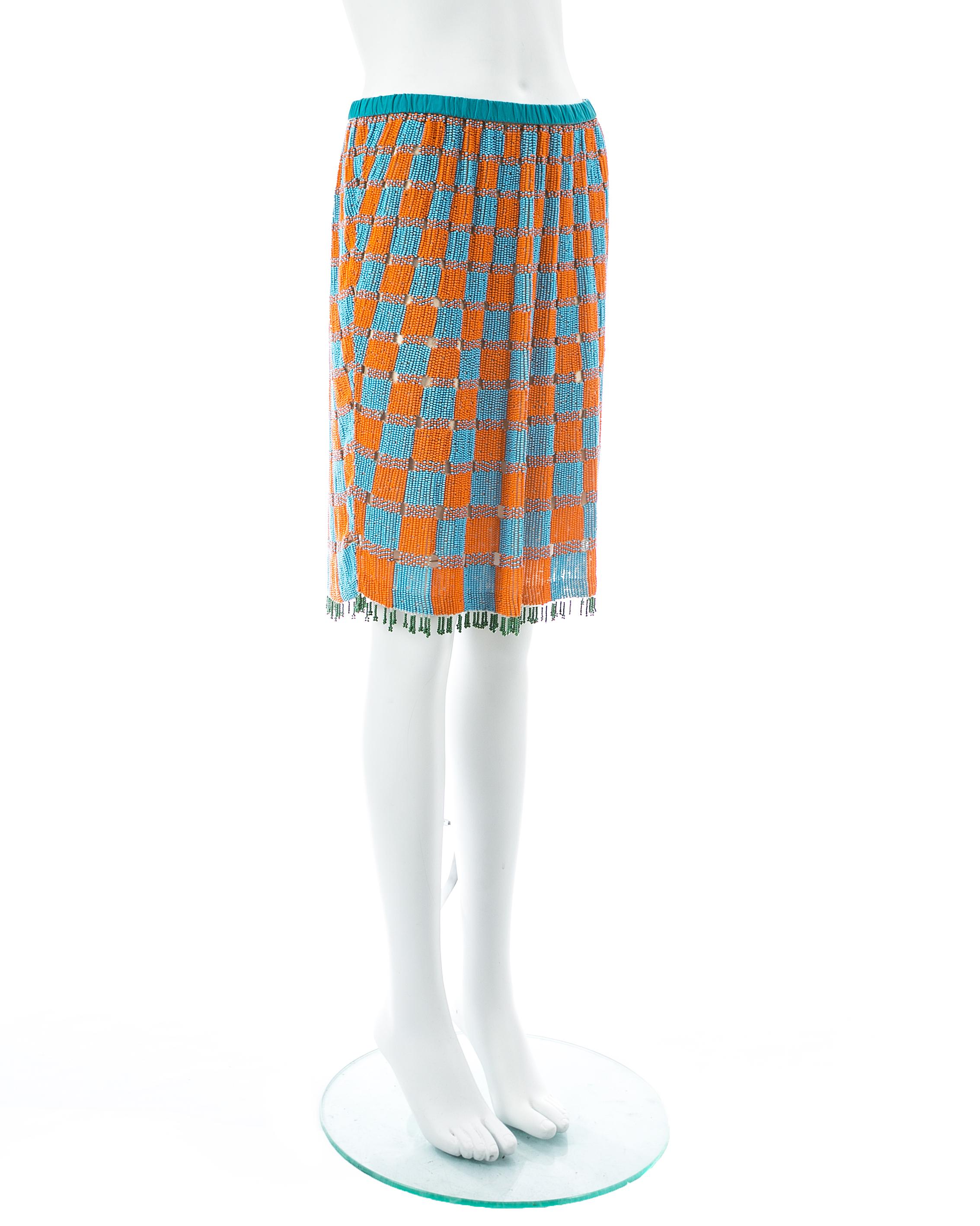 Gucci by Tom Ford orange and blue beaded fringed silk skirt, ss 1999 For Sale 1