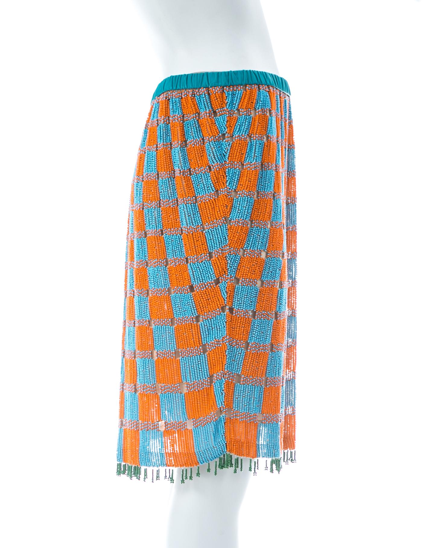 Gucci by Tom Ford orange and blue beaded fringed silk skirt, ss 1999 For Sale 2
