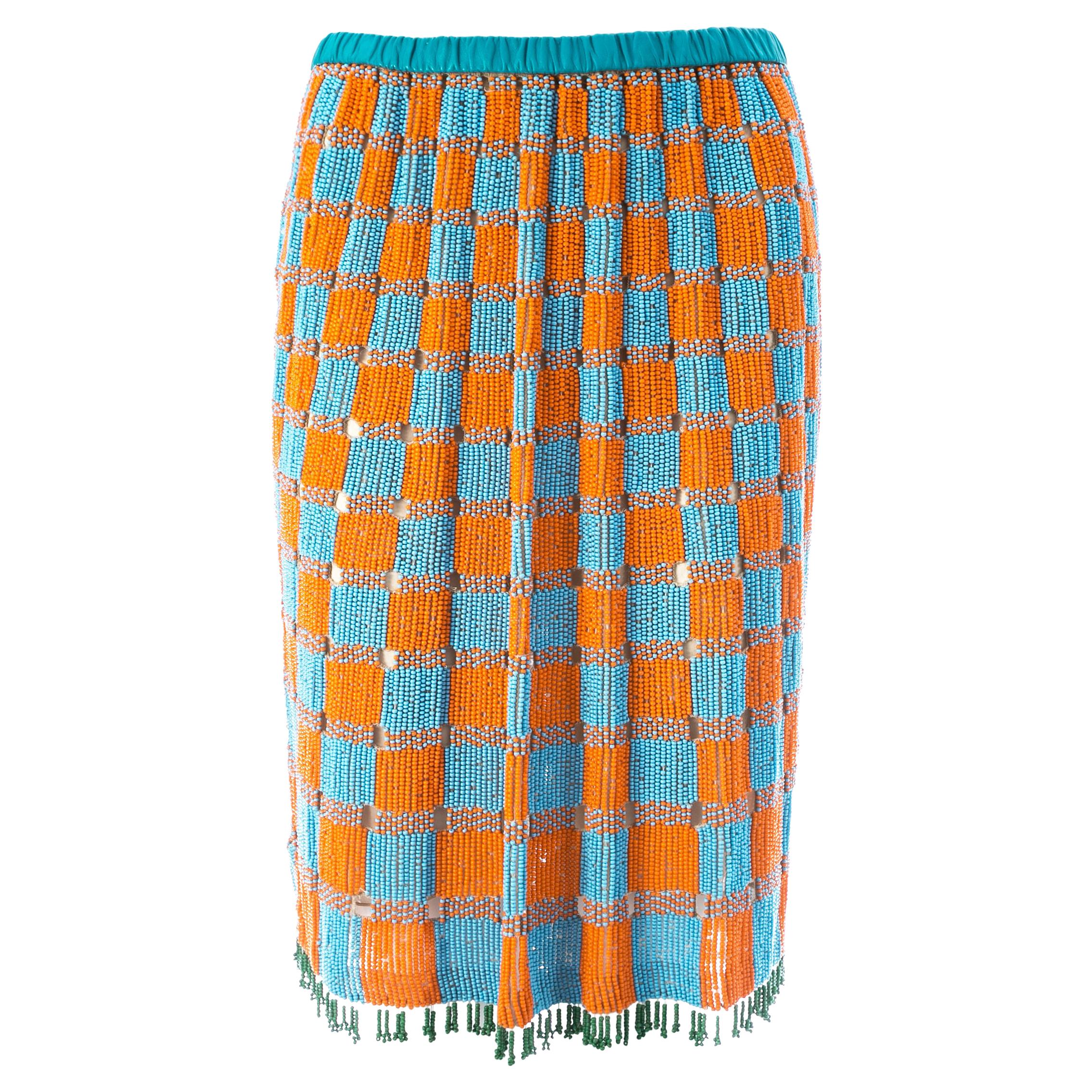 Gucci by Tom Ford orange and blue beaded fringed silk skirt, ss 1999 For Sale