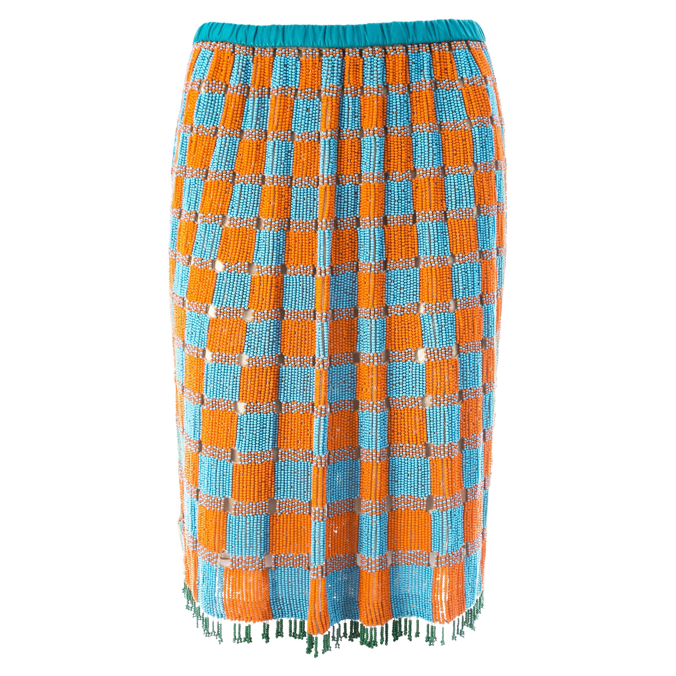 Gucci by Tom Ford orange and blue beaded fringed silk skirt, ss 1999