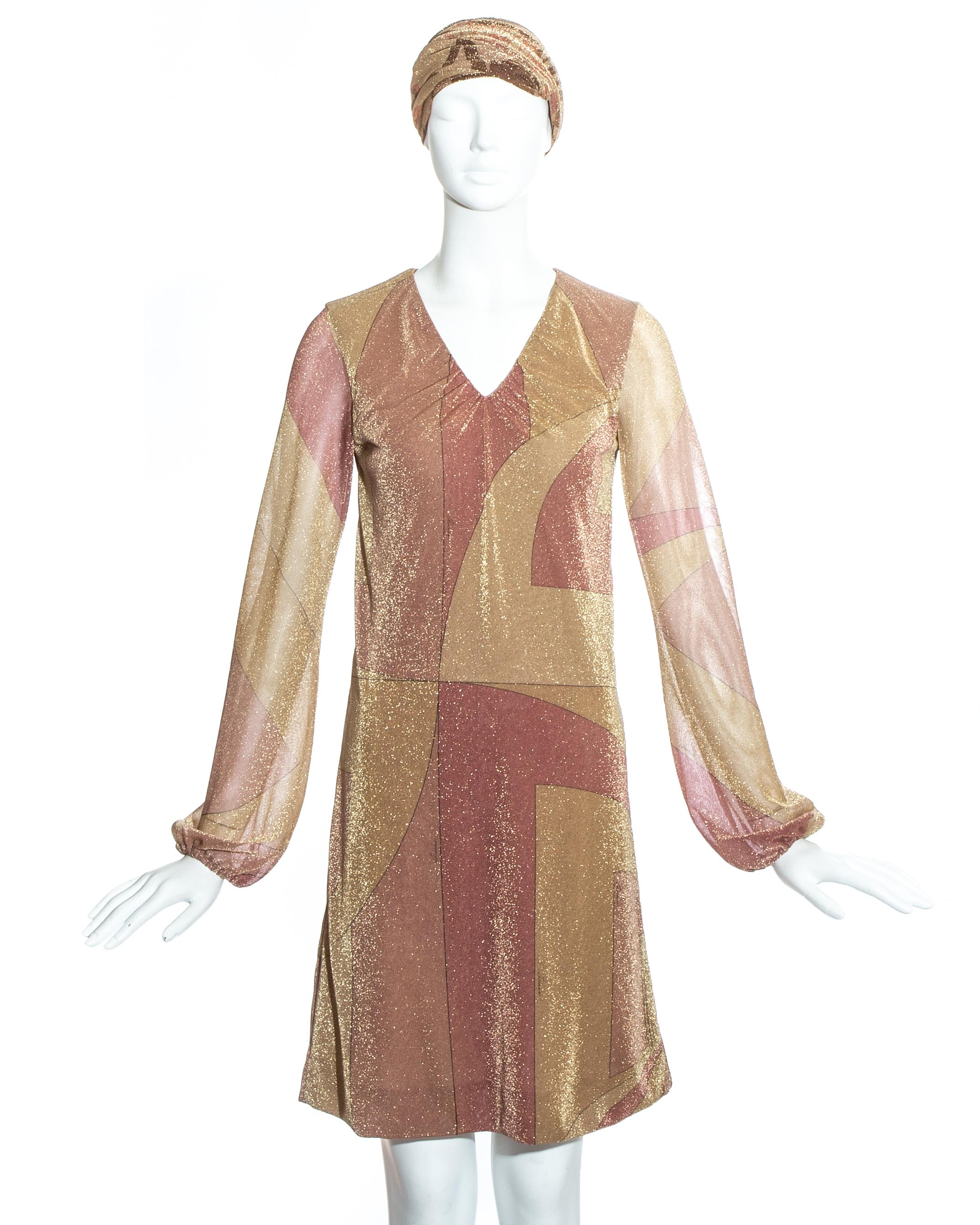 Gucci by Tom Ford pink and gold printed lurex shift dress with matching head scarf.

Fall-Winter 2000